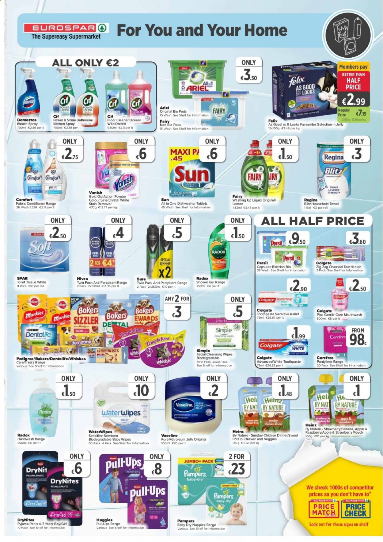 EUROSPAR offer  - 17.6.2021 - 7.7.2021 - Sales products - sweet potato, bacon, Heinz, cleansing wipes, wipes, Huggies, Pampers, pants, baby wipes, nappies, DryNites, Nivea, petroleum jelly, toilet paper, Domestos, cleaner, bleach, floor cleaner, stain remover, Fairy, Cif, Vanish, Persil, Ariel, fabric conditioner, Comfort softener, dishwashing liquid, shower gel, hand wash, Radox, Vaseline, Colgate, toothbrush, toothpaste, mouthwash, charcoal toothbrush, Plax, Carefree, Sure, towel, Whiskas, Pedigree, Felix, Bakers, Dentalife. Page 7.
