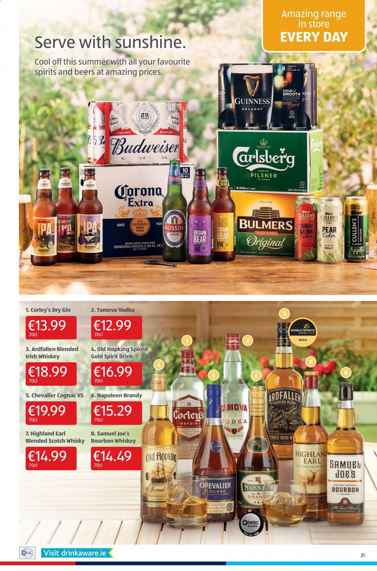 thumbnail - Aldi offer  - 24.06.2021 - 30.06.2021 - Sales products - pears, Sunshine, bourbon, brandy, cognac, gin, vodka, whiskey, irish whiskey, bourbon whiskey, scotch whisky, whisky, cider, beer, Budweiser, Corona Extra, Guinness, Lager, IPA, Modelo. Page 21.