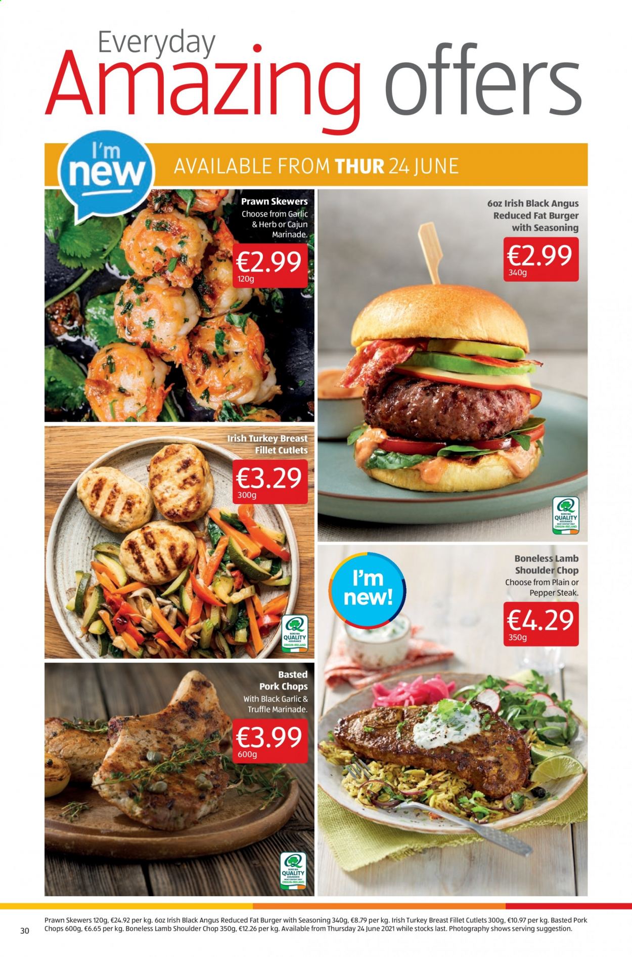 thumbnail - Aldi offer  - 24.06.2021 - 30.06.2021 - Sales products - prawns, hamburger, truffles, spice, marinade, turkey breast, steak, pork chops, pork meat, lamb meat, lamb shoulder. Page 30.