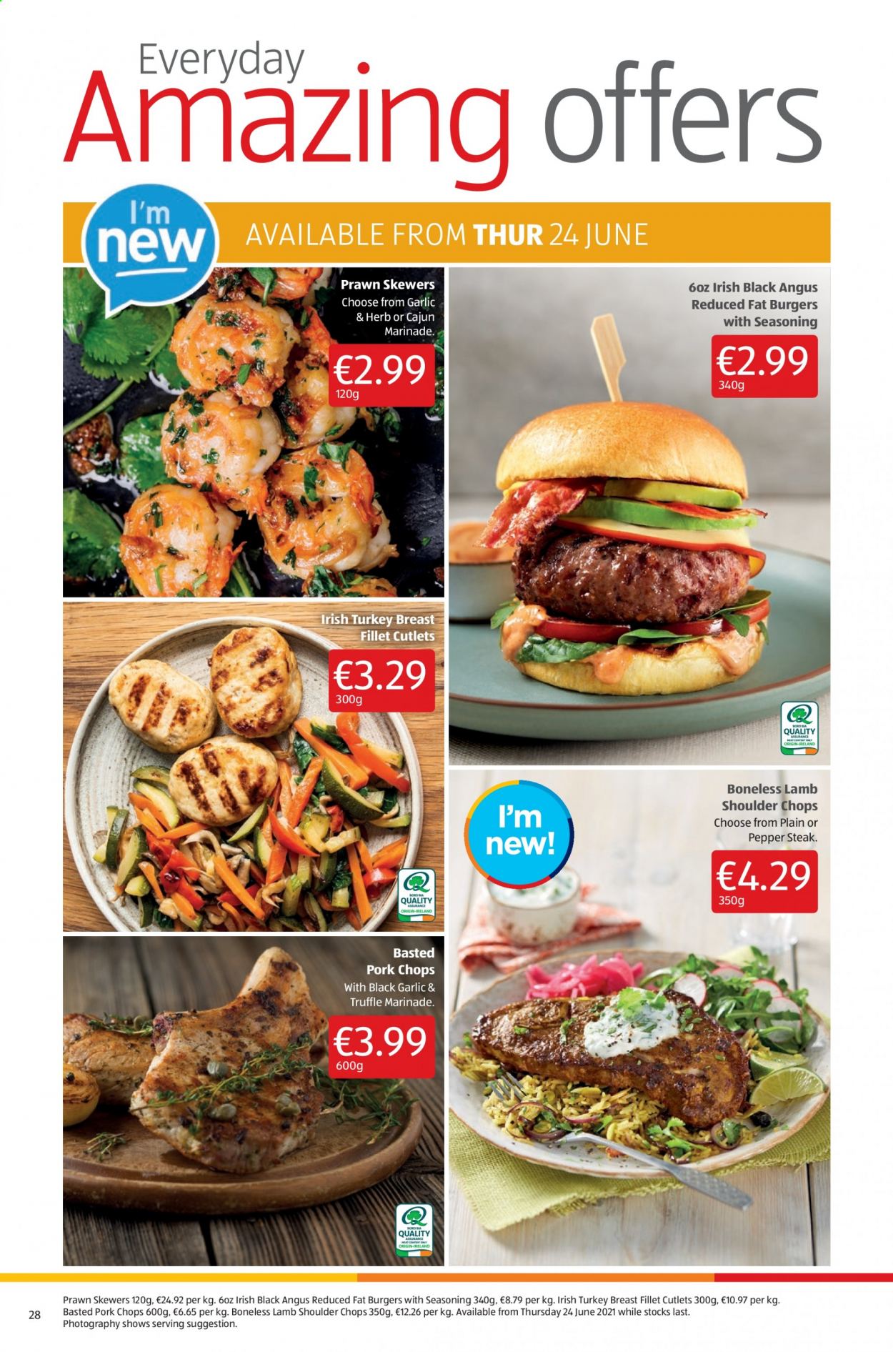 thumbnail - Aldi offer  - 01.07.2021 - 07.07.2021 - Sales products - prawns, hamburger, truffles, spice, marinade, turkey breast, steak, pork chops, pork meat, lamb meat, lamb shoulder. Page 28.