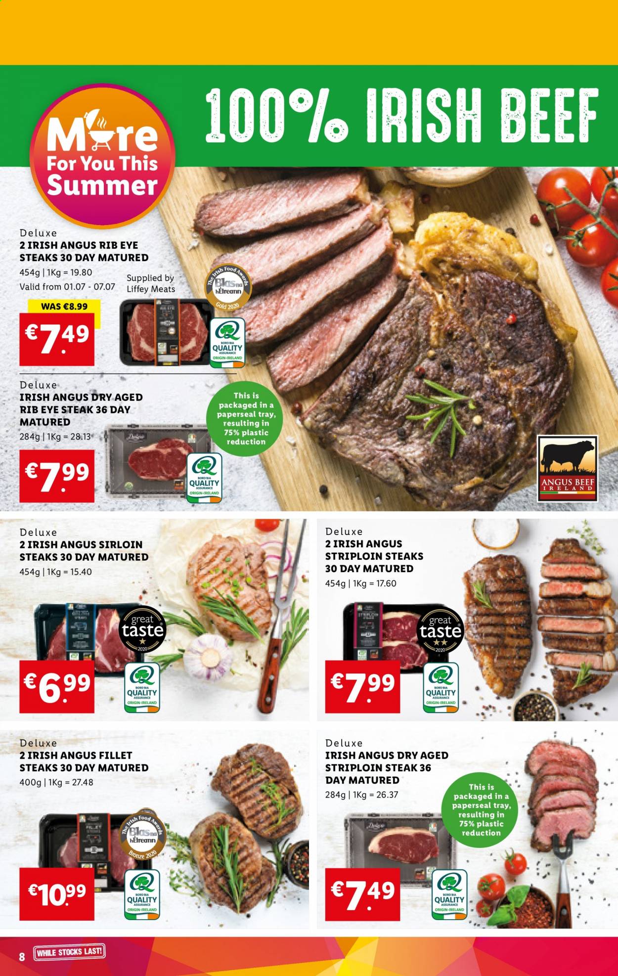 thumbnail - Lidl offer  - 01.07.2021 - 07.07.2021 - Sales products - beef meat, steak, ribeye steak, striploin steak, tray. Page 8.