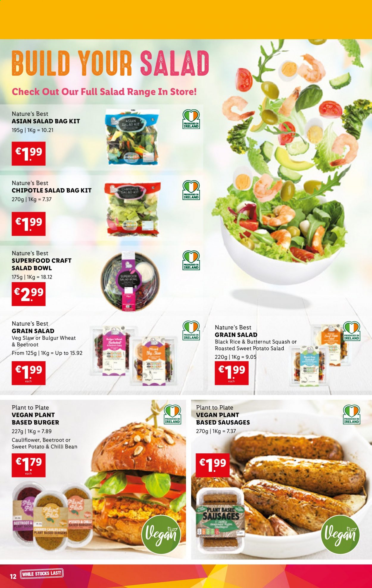 thumbnail - Lidl offer  - 01.07.2021 - 07.07.2021 - Sales products - butternut squash, cauliflower, beetroot, hamburger, sausage, potato salad, rice, salad bowl, bowl, bag. Page 12.
