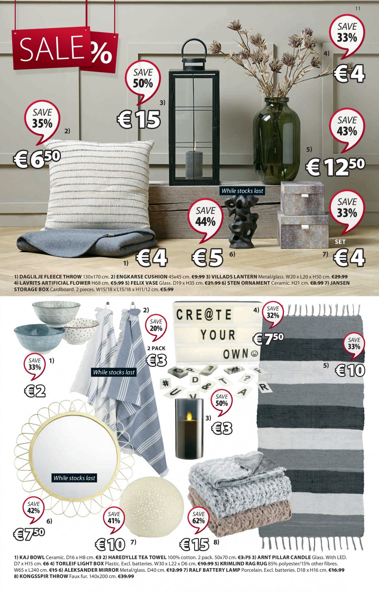 thumbnail - JYSK offer  - 01.07.2021 - 14.07.2021 - Sales products - storage box, cushion, mirror, lantern, artificial flowers, vase, bowl, candle, tea towels, fleece throw, lamp, rug. Page 11.