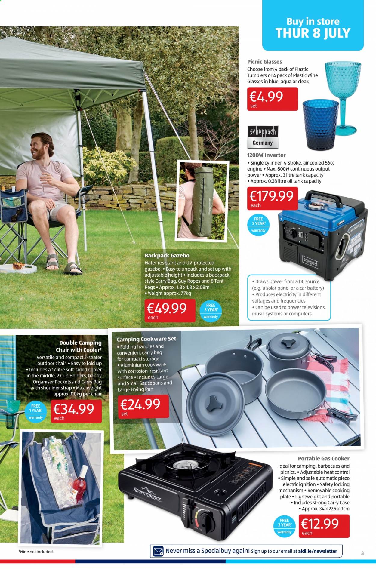 thumbnail - Aldi offer  - 08.07.2021 - 14.07.2021 - Sales products - oil, wine, cookware set, tumbler, wine glass, plate, pan, cup, tank, chair, backpack, tent, camping chair. Page 3.