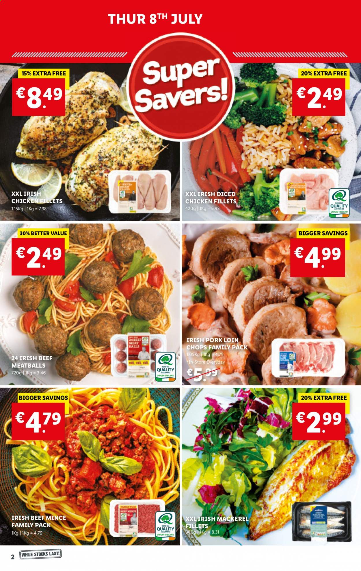 thumbnail - Lidl offer  - 08.07.2021 - 14.07.2021 - Sales products - mackerel, beef meat, ground beef, pork chops, pork loin, pork meat. Page 2.