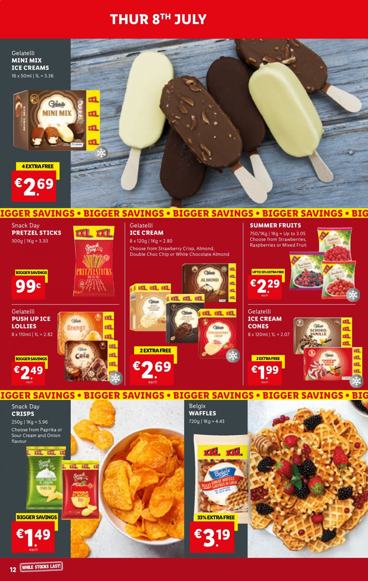 thumbnail - Lidl offer  - 08.07.2021 - 14.07.2021 - Sales products - pretzels, waffles, raspberries, strawberries, sour cream, ice cream, white chocolate, snack. Page 12.