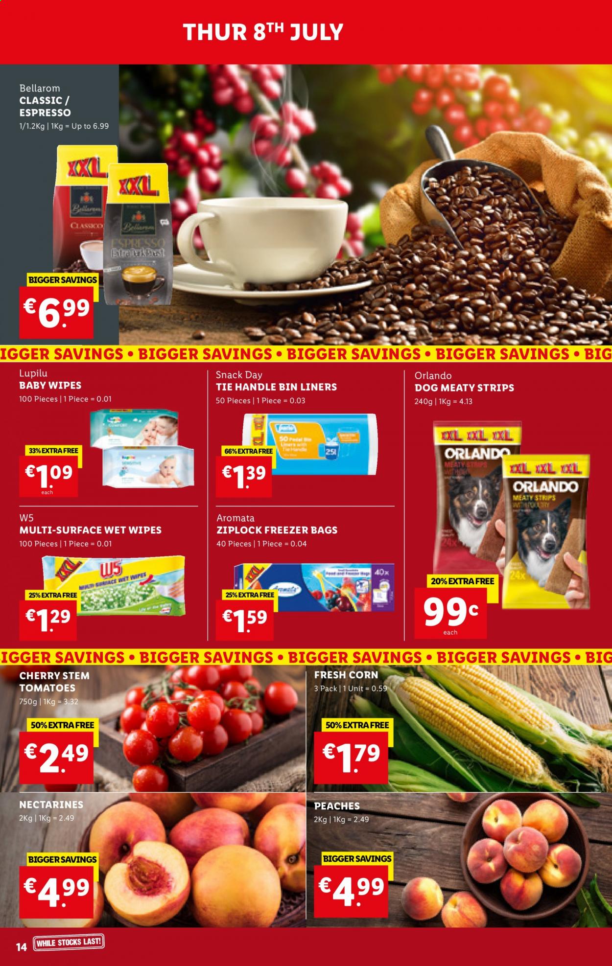 thumbnail - Lidl offer  - 08.07.2021 - 14.07.2021 - Sales products - Lupilu, corn, tomatoes, nectarines, cherries, peaches, strips, snack, wipes, baby wipes, bin, freezer bag, bag. Page 14.