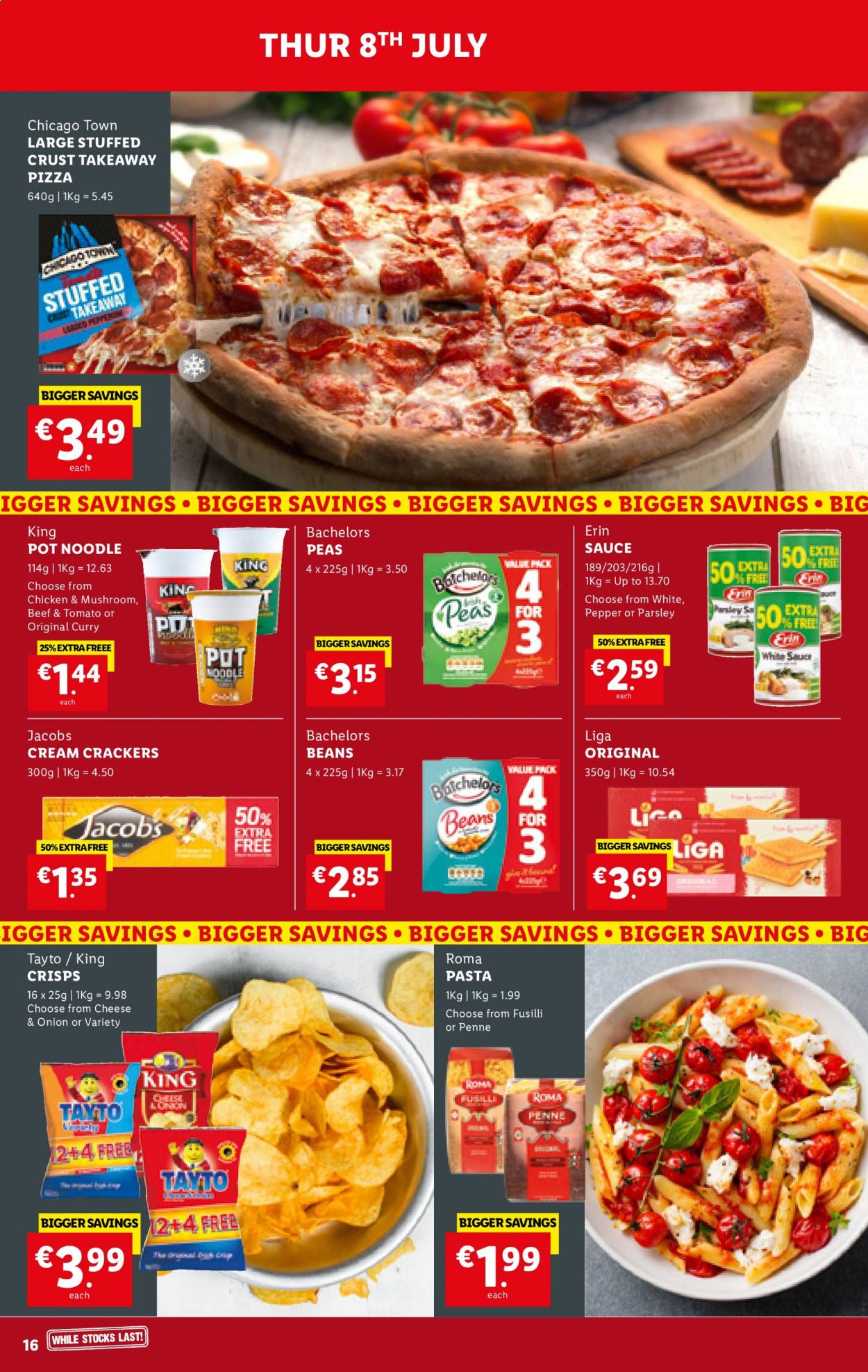 thumbnail - Lidl offer  - 08.07.2021 - 14.07.2021 - Sales products - beans, parsley, peas, pizza, pasta, sauce, noodles, crackers, Tayto, penne, pepper, Jacobs, pot. Page 16.