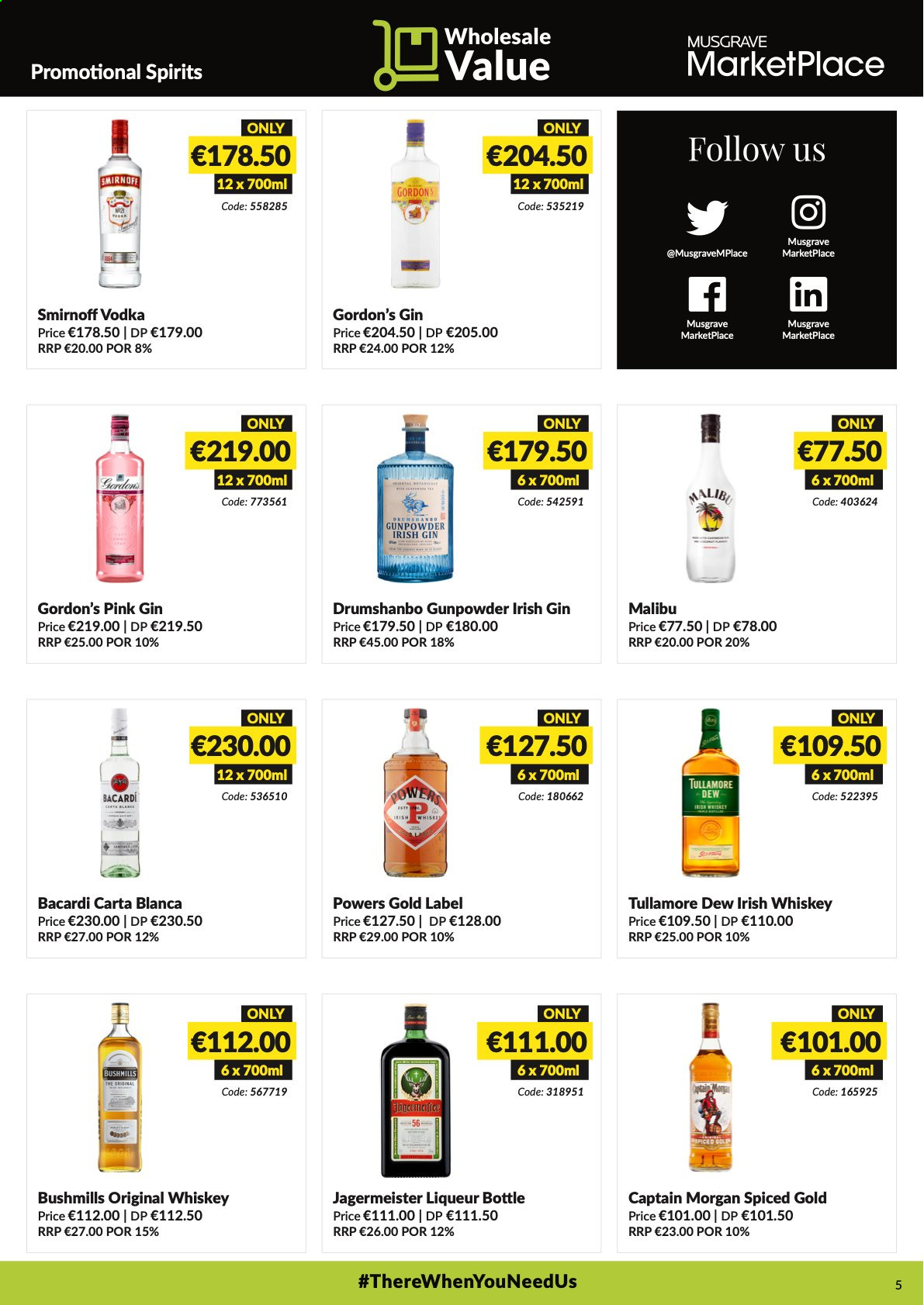 thumbnail - MUSGRAVE Market Place offer  - 04.07.2021 - 31.07.2021 - Sales products - Bacardi, Captain Morgan, gin, liqueur, Smirnoff, vodka, whiskey, irish whiskey, Gordon's, Jägermeister, Malibu, whisky. Page 5.
