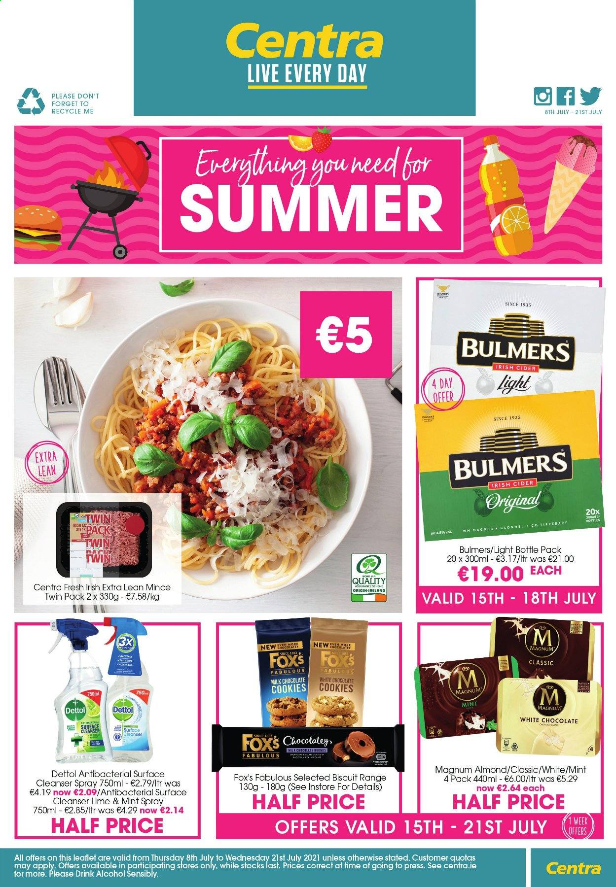 thumbnail - Centra offer  - 08.07.2021 - 21.07.2021 - Sales products - Magnum, cookies, milk chocolate, white chocolate, chocolate, chocolate cookies, biscuit, alcohol, cider, Bulmers, Dettol, cleanser. Page 4.