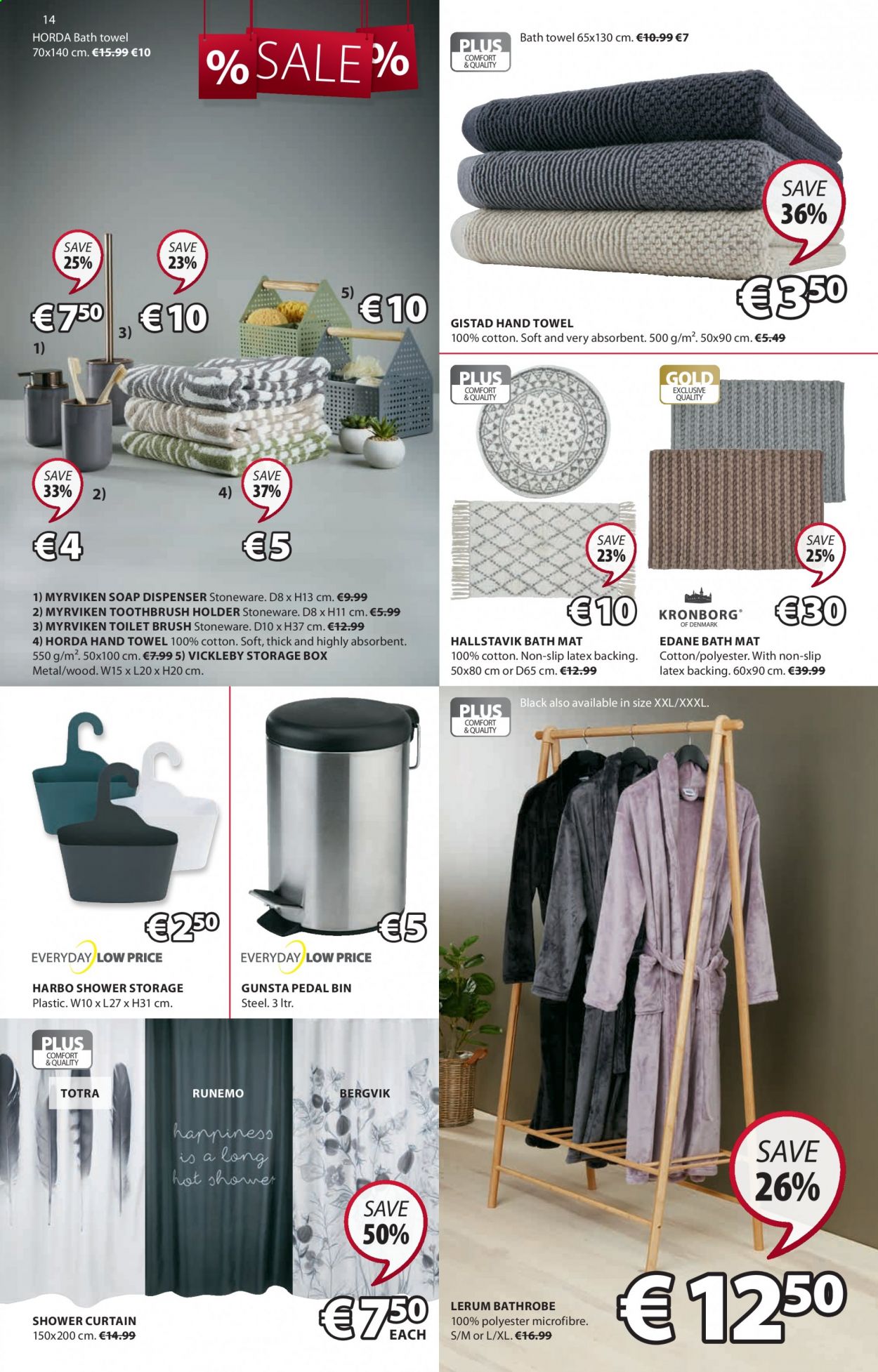 thumbnail - JYSK offer  - 08.07.2021 - 21.07.2021 - Sales products - storage box, bin, holder, shower curtain, soap dispenser, toilet brush, toothbrush holder, dispenser, stoneware, curtain, bath mat, bath towel, towel, hand towel. Page 14.