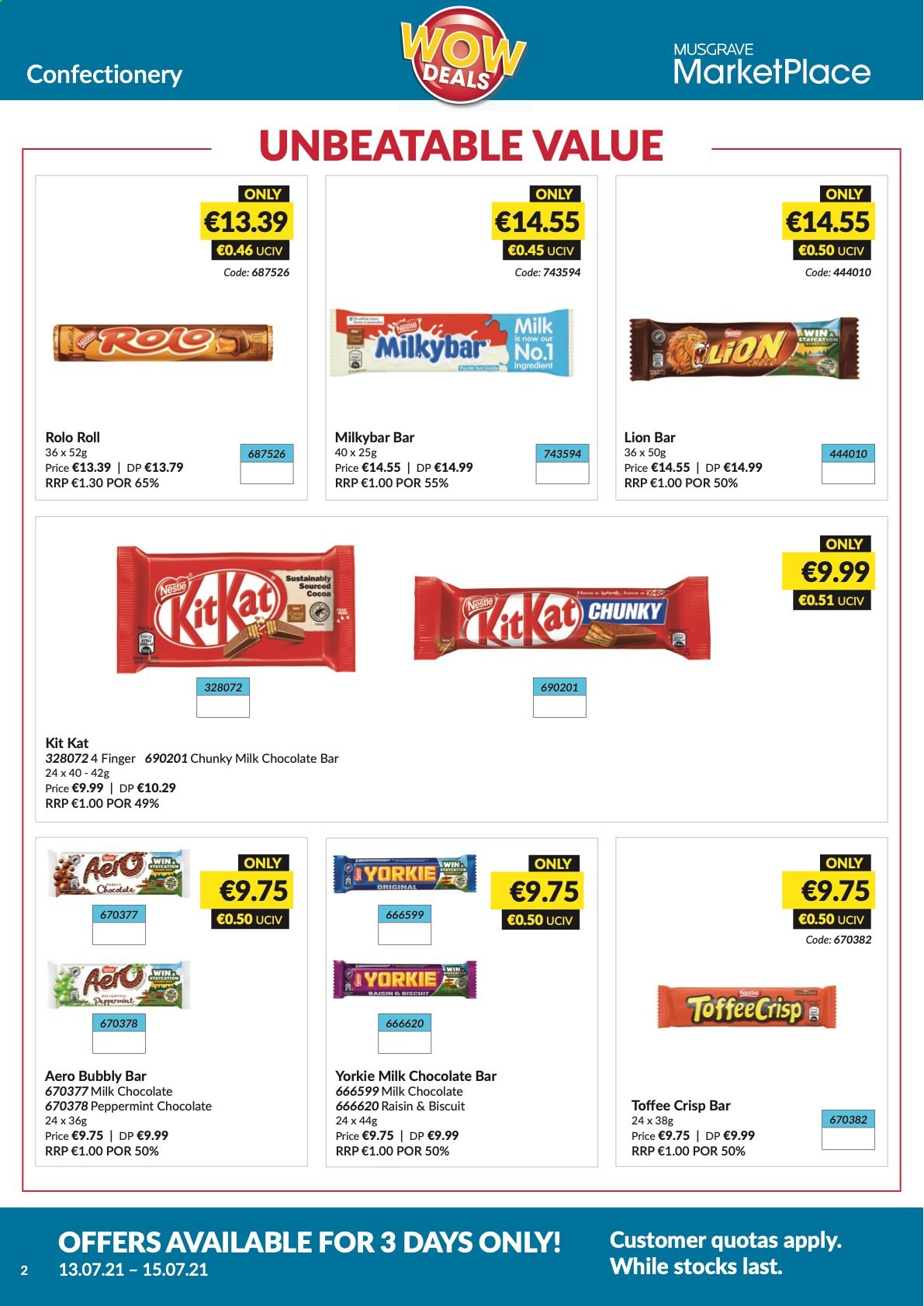 thumbnail - MUSGRAVE Market Place offer  - 13.07.2021 - 15.07.2021 - Sales products - milk chocolate, Nestlé, KitKat, toffee, biscuit, Milkybar, chocolate bar. Page 2.