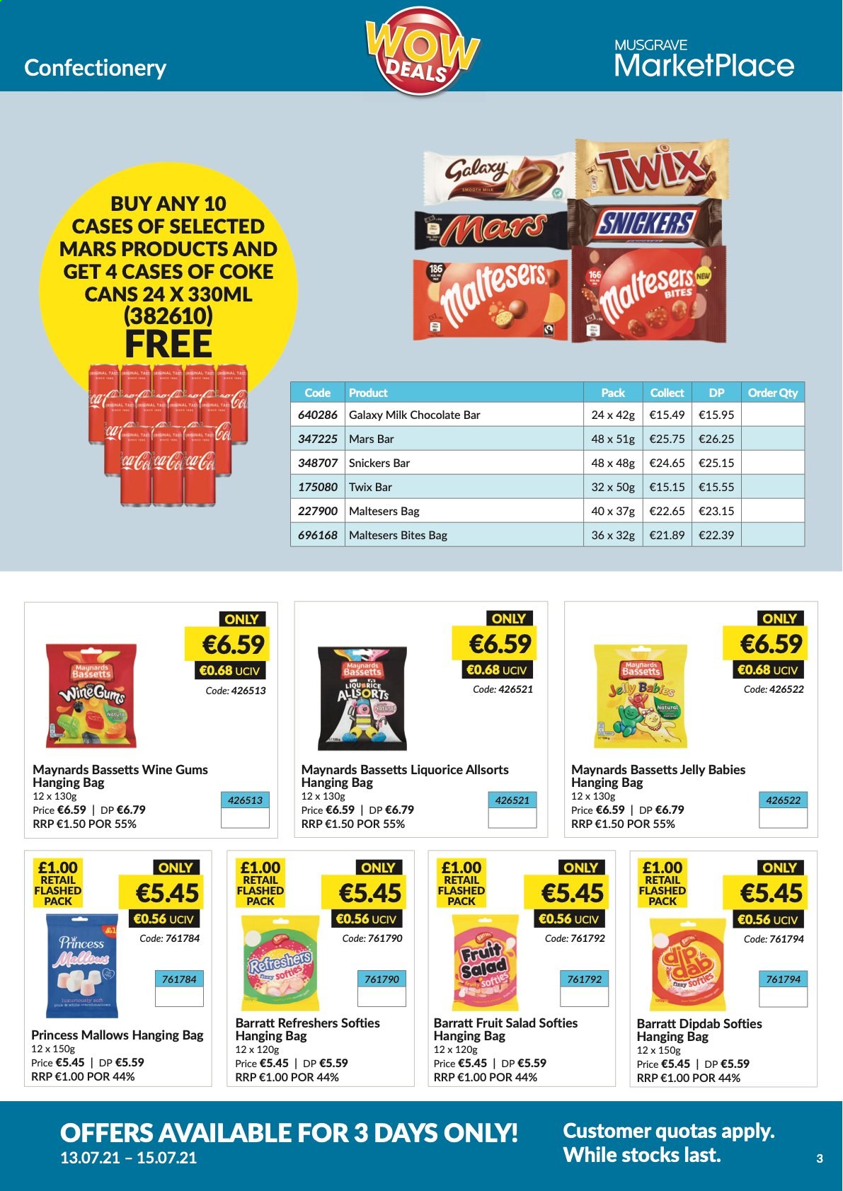 thumbnail - MUSGRAVE Market Place offer  - 13.07.2021 - 15.07.2021 - Sales products - salad, marshmallows, milk chocolate, Snickers, Twix, Mars, jelly, Maltesers, chocolate bar, fruit salad, Coca-Cola. Page 3.