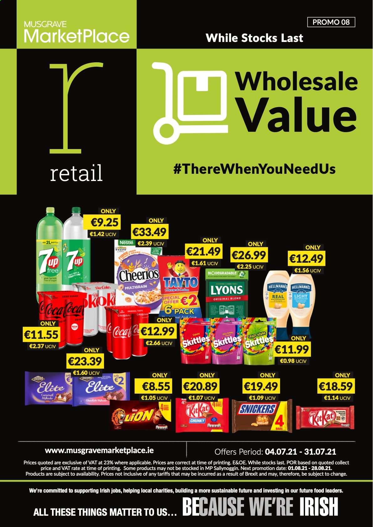 thumbnail - MUSGRAVE Market Place offer  - 04.07.2021 - 31.07.2021 - Sales products - mayonnaise, Hellmann’s, Nestlé, Snickers, Skittles, Tayto, Cheerios, caramel, Coca-Cola, Diet Coke, Lyons. Page 1.