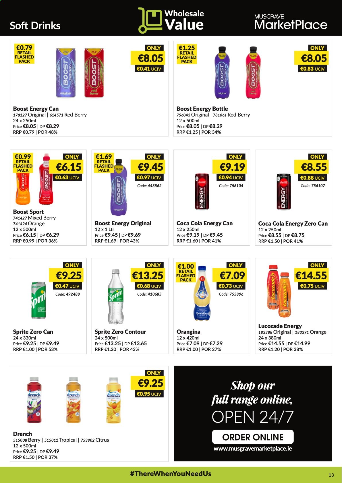 thumbnail - MUSGRAVE Market Place offer  - 04.07.2021 - 31.07.2021 - Sales products - oranges, Coca-Cola, Sprite, soft drink, Lucozade, Boost. Page 13.