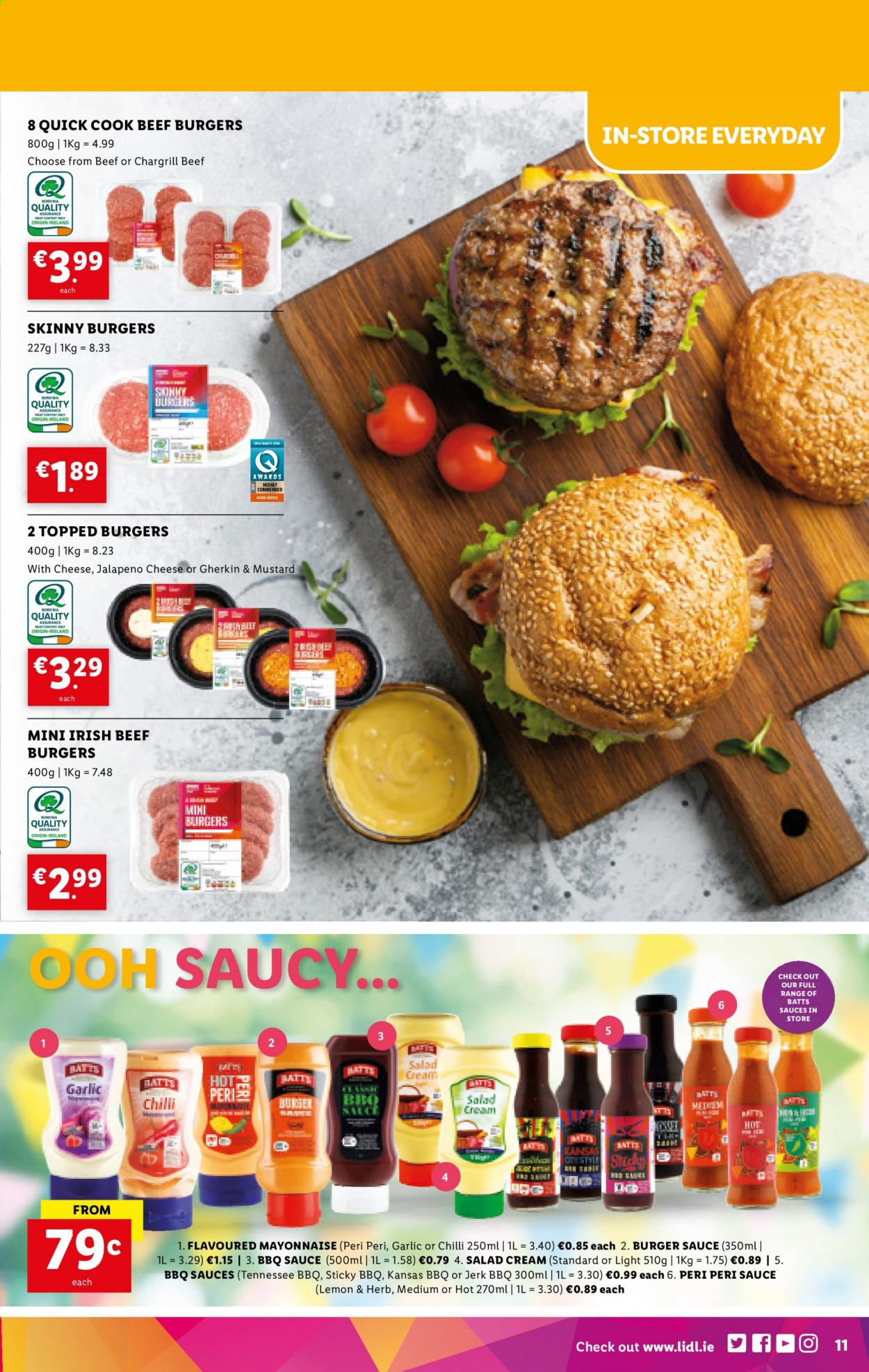 thumbnail - Lidl offer  - 15.07.2021 - 21.07.2021 - Sales products - garlic, jalapeño, beef burger, mayonnaise, salad cream, BBQ sauce, mustard, peri peri sauce. Page 11.