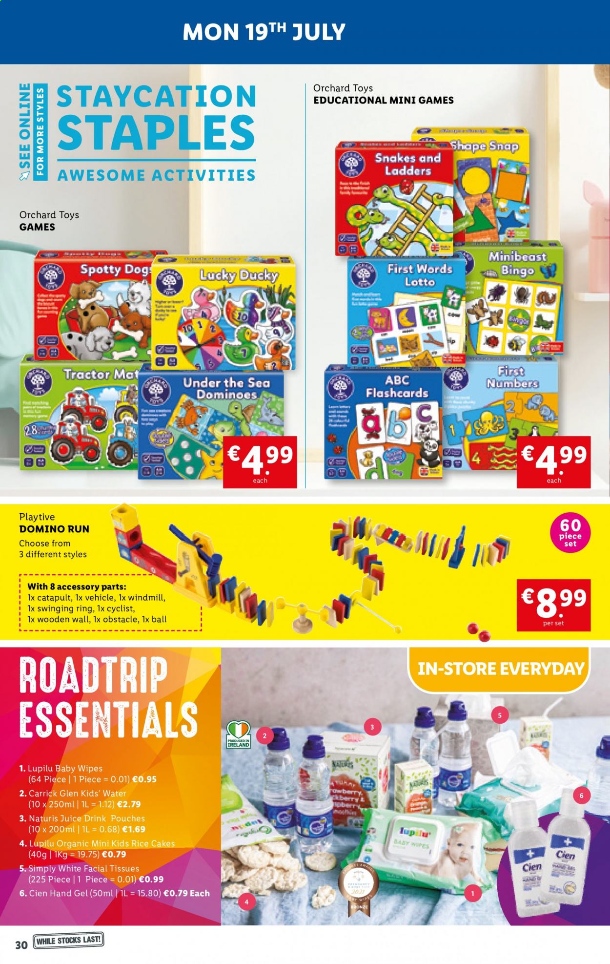 thumbnail - Lidl offer  - 15.07.2021 - 21.07.2021 - Sales products - Lupilu, rice, juice, wipes, baby wipes, tissues, facial tissues, hand gel, Lotto. Page 30.
