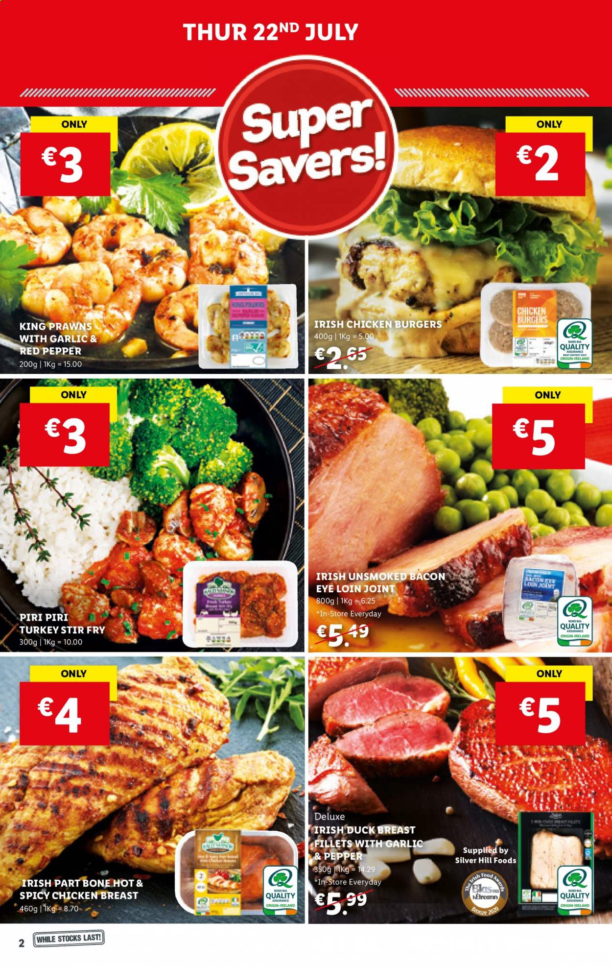 thumbnail - Lidl offer  - 22.07.2021 - 28.07.2021 - Sales products - prawns, hamburger, bacon, chicken breasts, duck meat, duck breasts. Page 2.