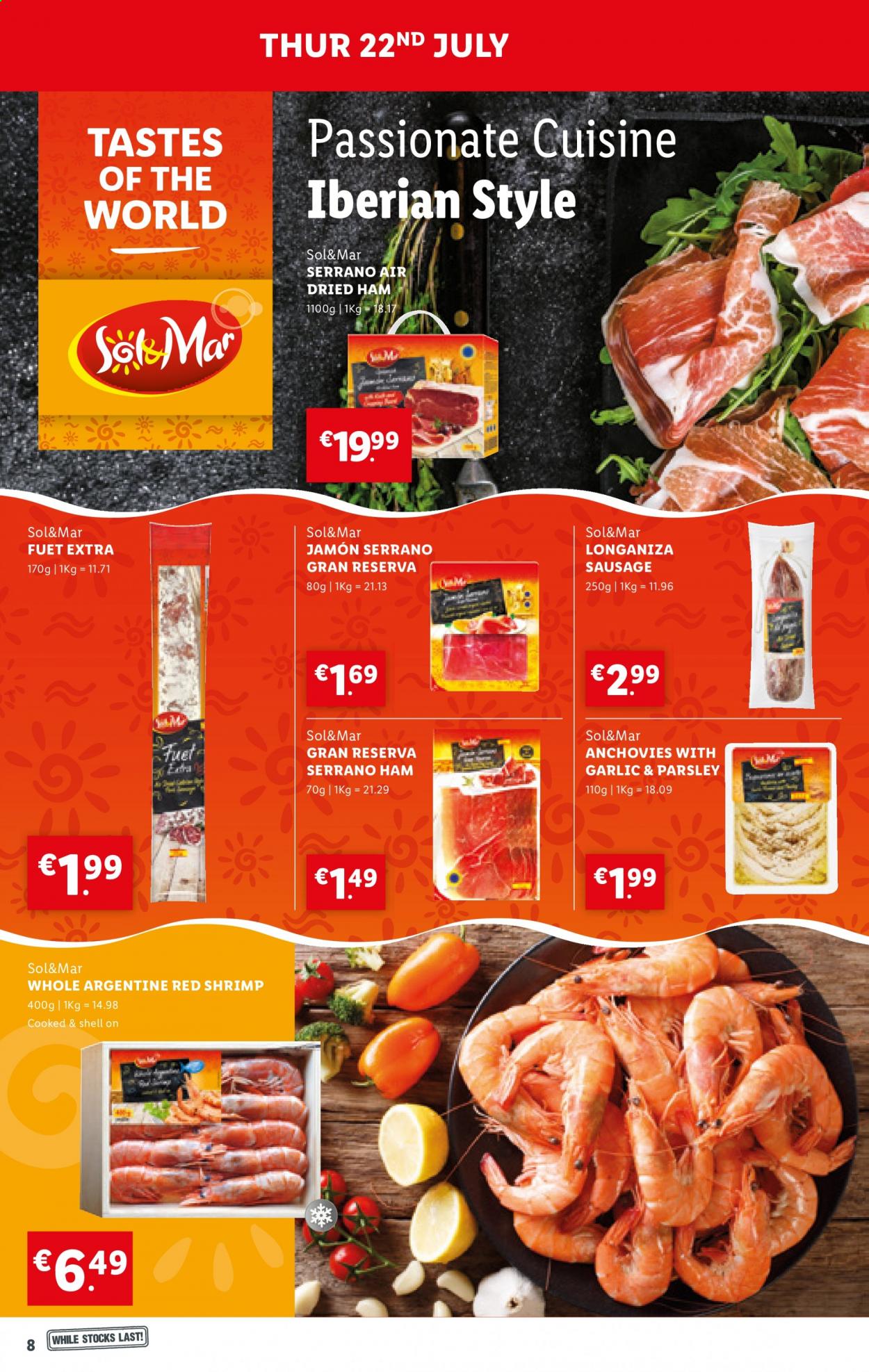 thumbnail - Lidl offer  - 22.07.2021 - 28.07.2021 - Sales products - parsley, shrimps, ham, sausage, anchovies, Sol. Page 8.