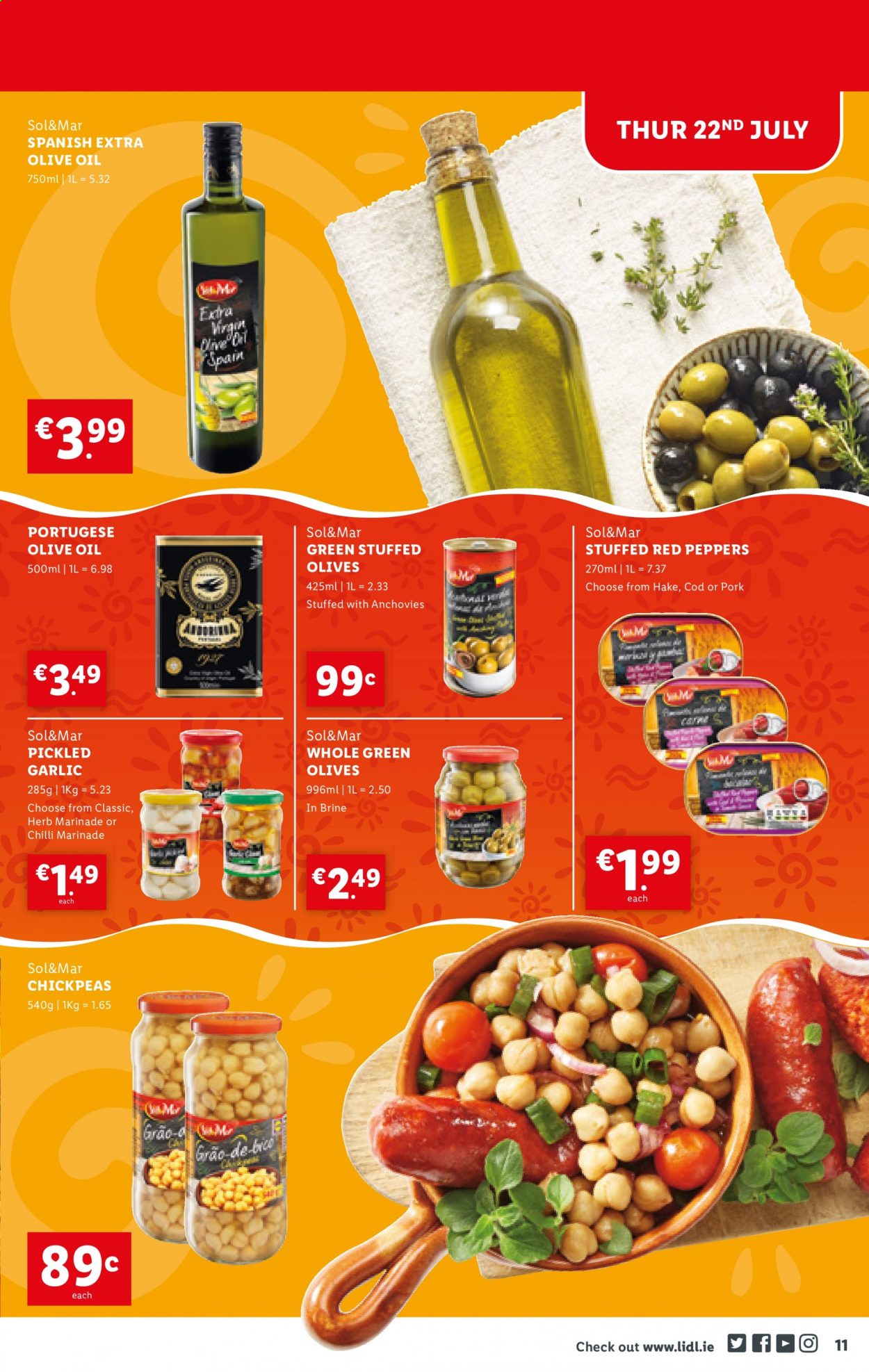 thumbnail - Lidl offer  - 22.07.2021 - 28.07.2021 - Sales products - garlic, peppers, red peppers, cod, hake, anchovies, olives, chickpeas, herbs, marinade, extra virgin olive oil, olive oil, oil, Sol. Page 11.