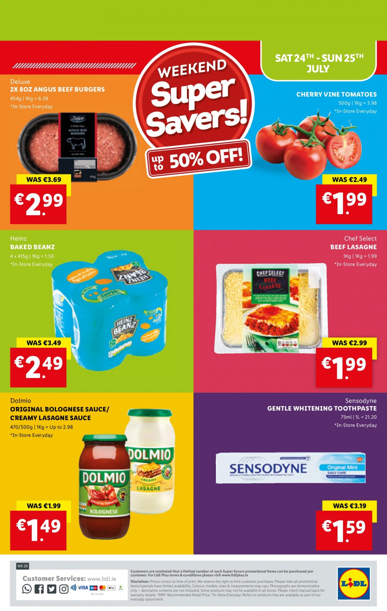 thumbnail - Lidl offer  - 22.07.2021 - 28.07.2021 - Sales products - cherries, hamburger, sauce, bolognese sauce, beef burger, lasagna meal, Heinz, beef meat, toothpaste, Sensodyne. Page 28.