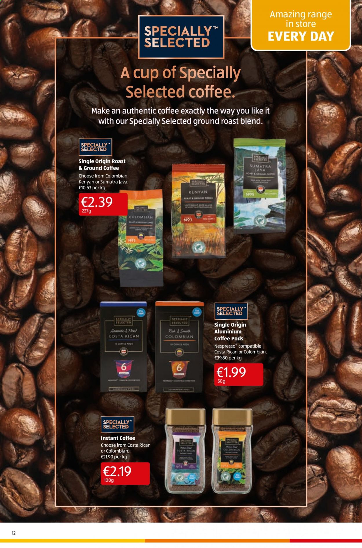 thumbnail - Aldi offer  - 22.07.2021 - 28.07.2021 - Sales products - coffee pods, instant coffee, Nespresso, ground coffee, cup. Page 12.