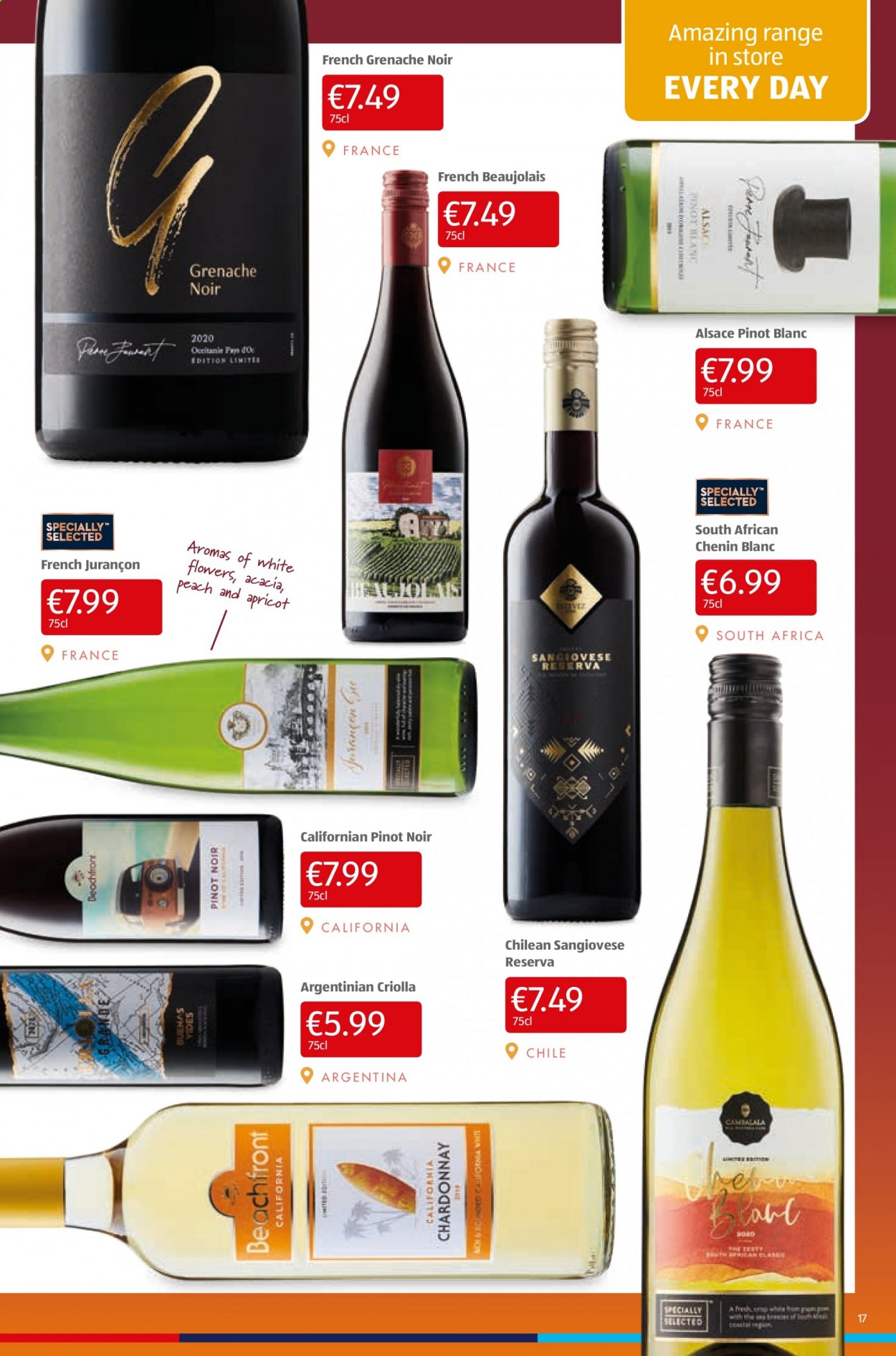 thumbnail - Aldi offer  - 22.07.2021 - 28.07.2021 - Sales products - red wine, white wine, Chardonnay, wine, Pinot Noir, Chenin Blanc, Grenache. Page 17.