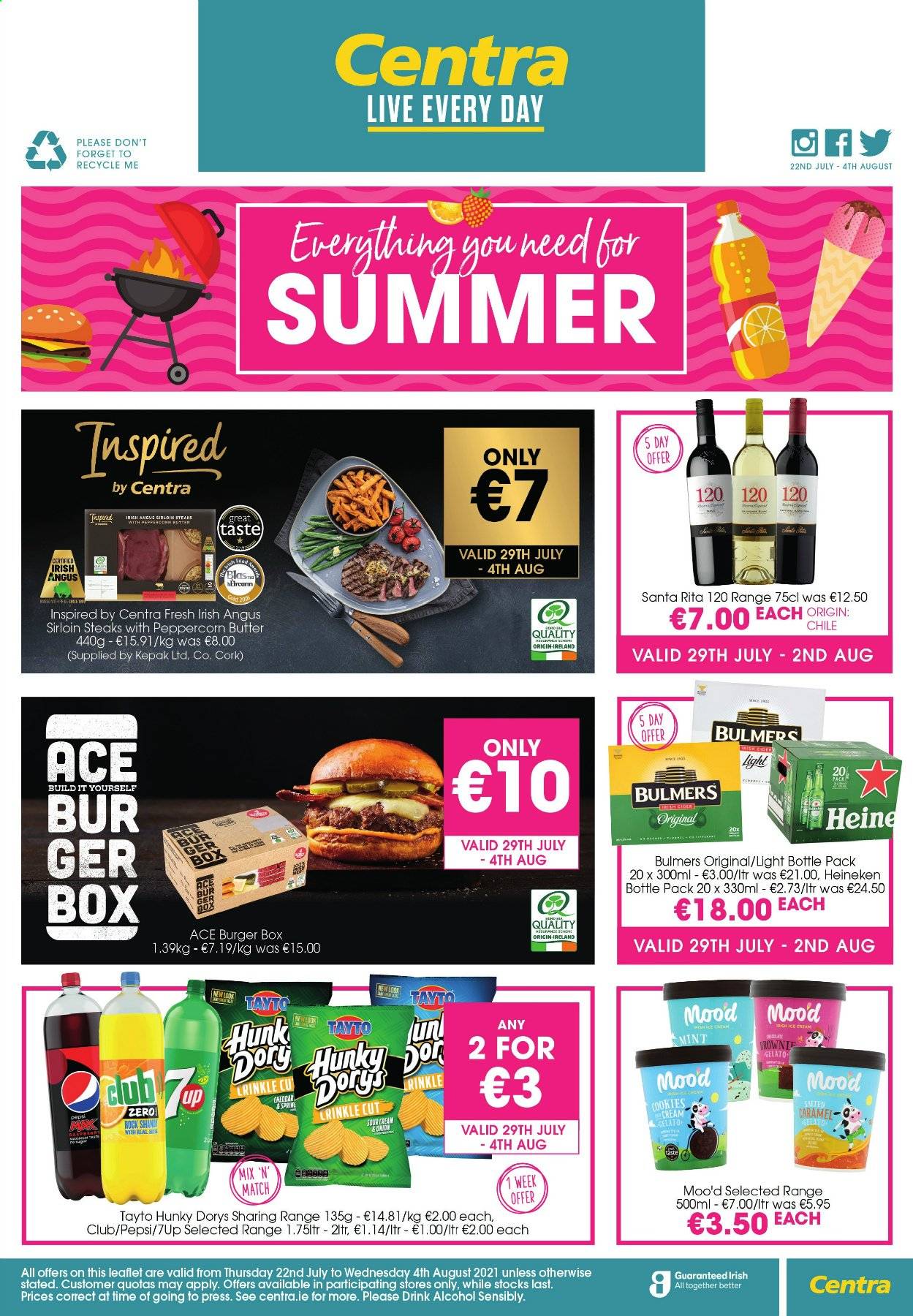 thumbnail - Centra offer  - 22.07.2021 - 04.08.2021 - Sales products - hamburger, cheddar, butter, gelato, cookies, Tayto, Ace, caramel, Pepsi, 7UP, alcohol, cider, beer, Heineken, Bulmers, steak, sirloin steak, meal box. Page 4.