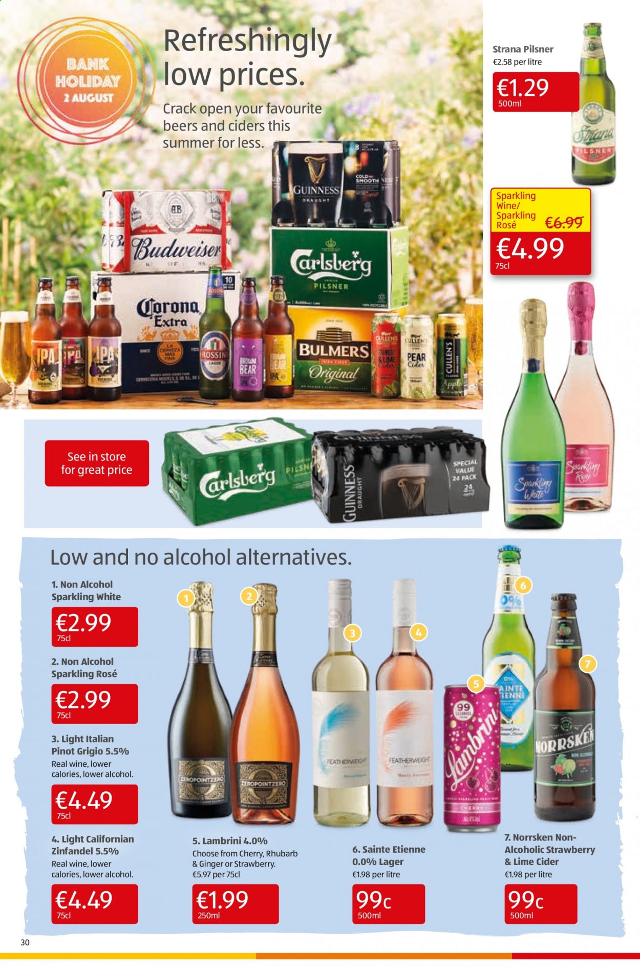 thumbnail - Aldi offer  - 29.07.2021 - 04.08.2021 - Sales products - pears, red wine, sparkling wine, white wine, wine, alcohol, Pinot Grigio, rosé wine, cider, beer, Budweiser, Corona Extra, Bulmers, Carlsberg, Guinness, Lager, rose. Page 30.