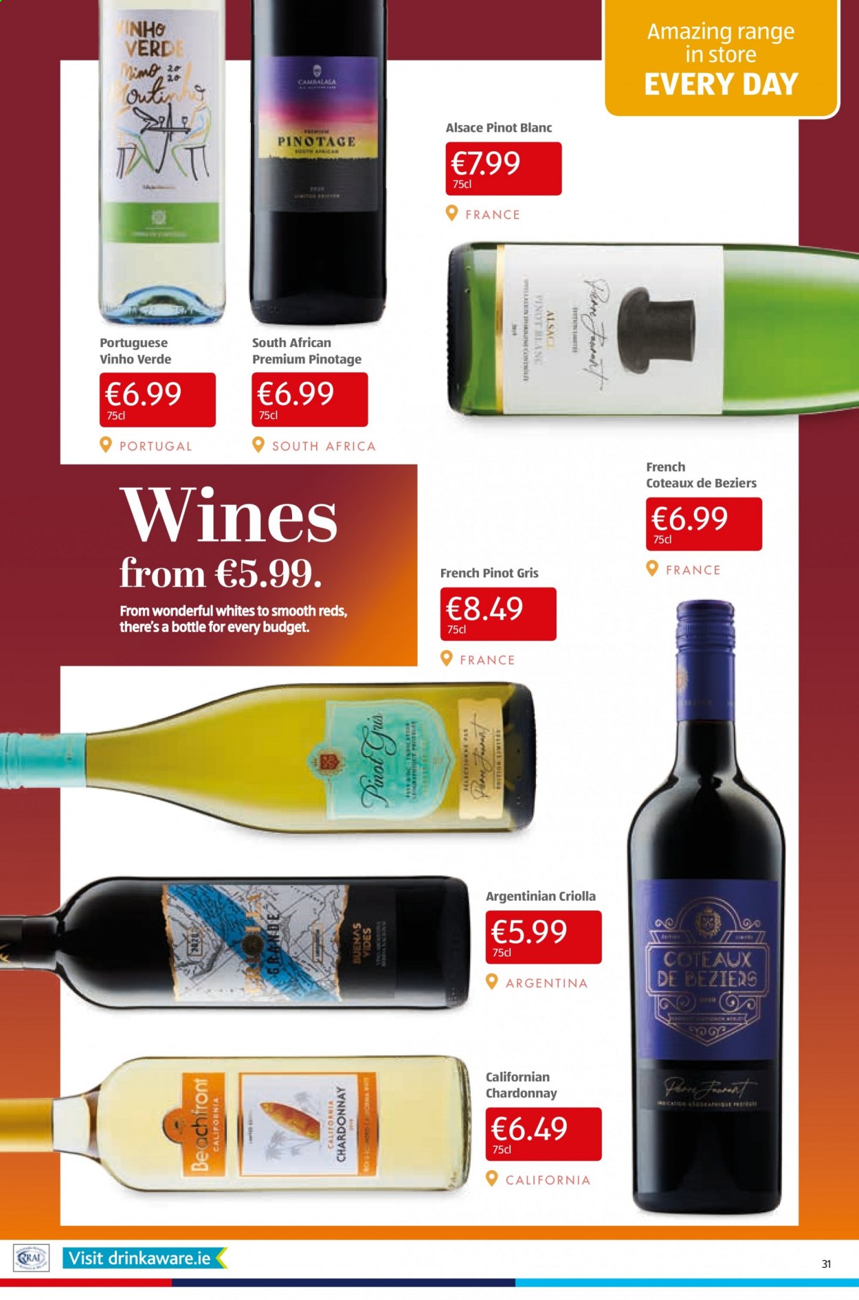 thumbnail - Aldi offer  - 29.07.2021 - 04.08.2021 - Sales products - white wine, Chardonnay, wine, Pinot Grigio. Page 31.