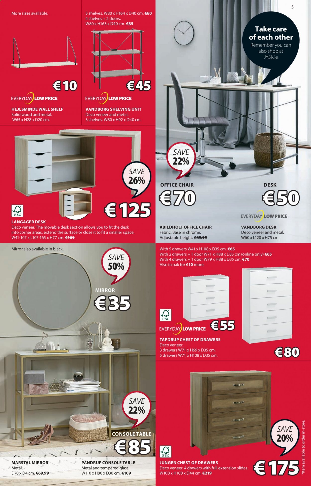 thumbnail - JYSK offer  - 29.07.2021 - 11.08.2021 - Sales products - table, chair, chest of drawers, shelf unit, wall shelf, office chair, mirror. Page 5.