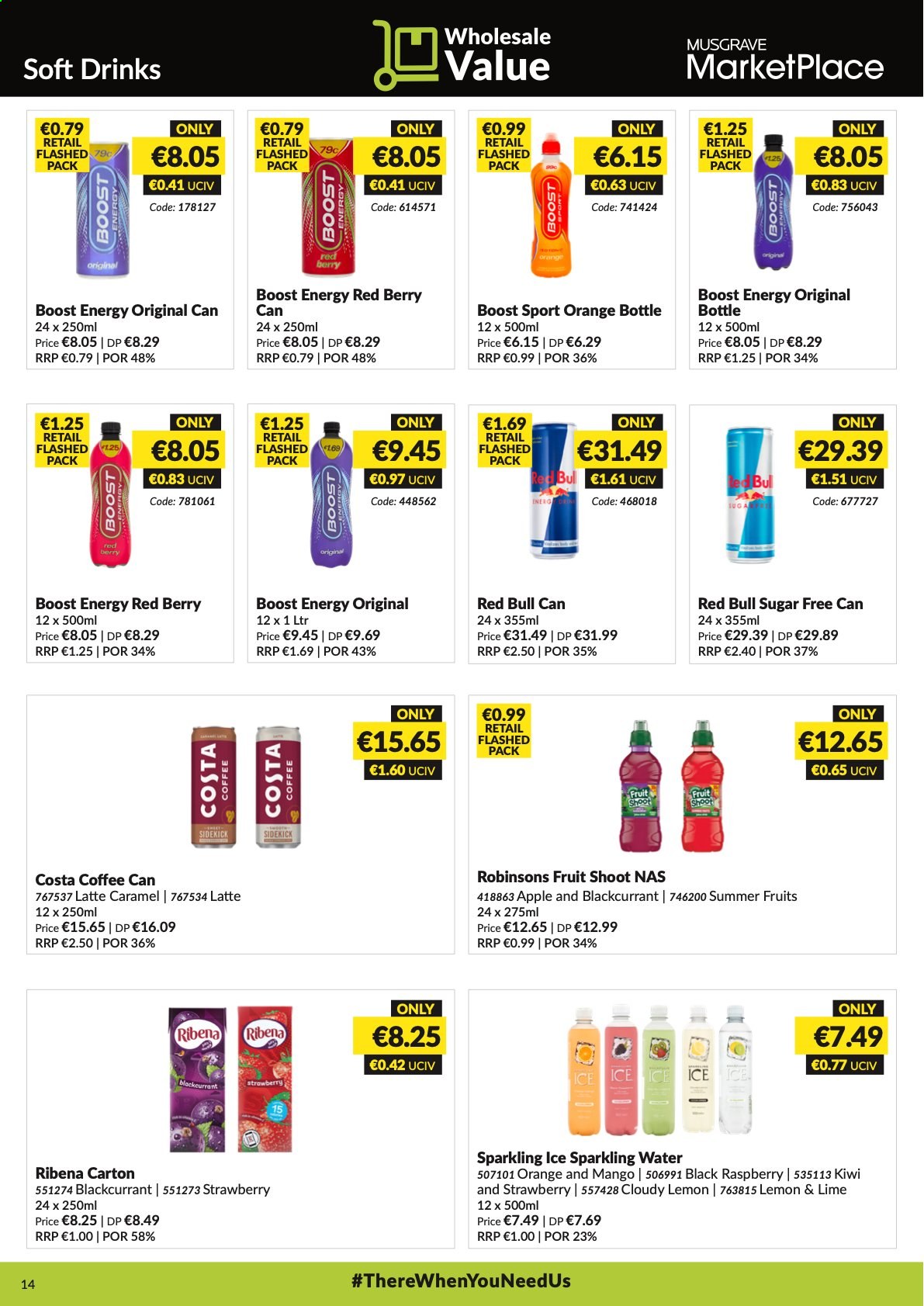 thumbnail - MUSGRAVE Market Place offer  - 01.08.2021 - 28.08.2021 - Sales products - kiwi, oranges, caramel, soft drink, Red Bull, sparkling water, Boost, coffee. Page 14.