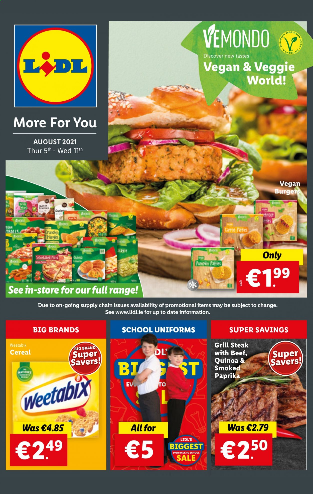 thumbnail - Lidl offer  - 05.08.2021 - 11.08.2021 - Sales products - pumpkin, hamburger, veggie burger, cereals, Weetabix, quinoa, steak. Page 1.