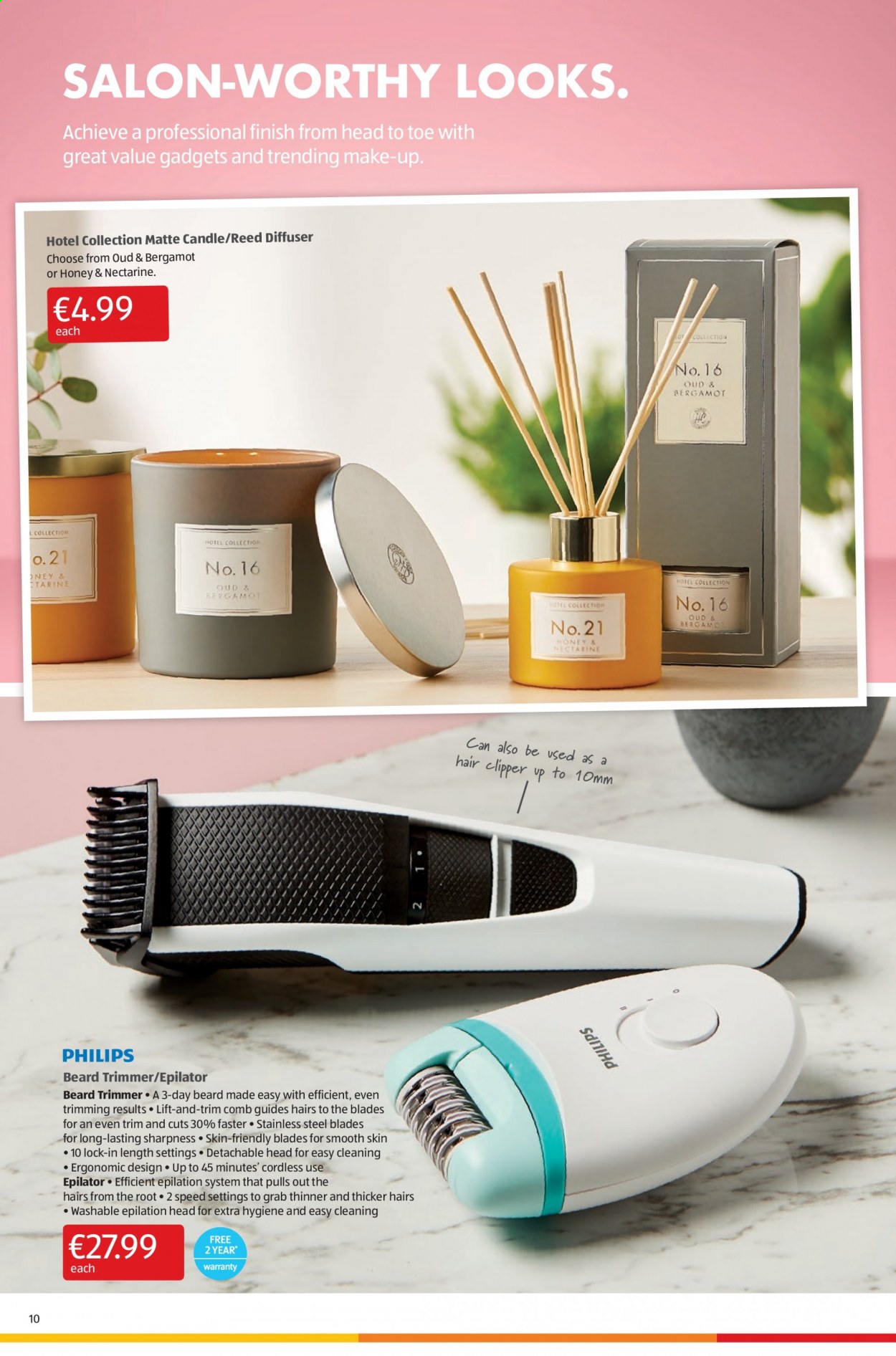 thumbnail - Aldi offer  - 05.08.2021 - 11.08.2021 - Sales products - Philips, nectarines, oil, comb, trimmer, candle, diffuser, epilator, hair clipper, makeup. Page 10.