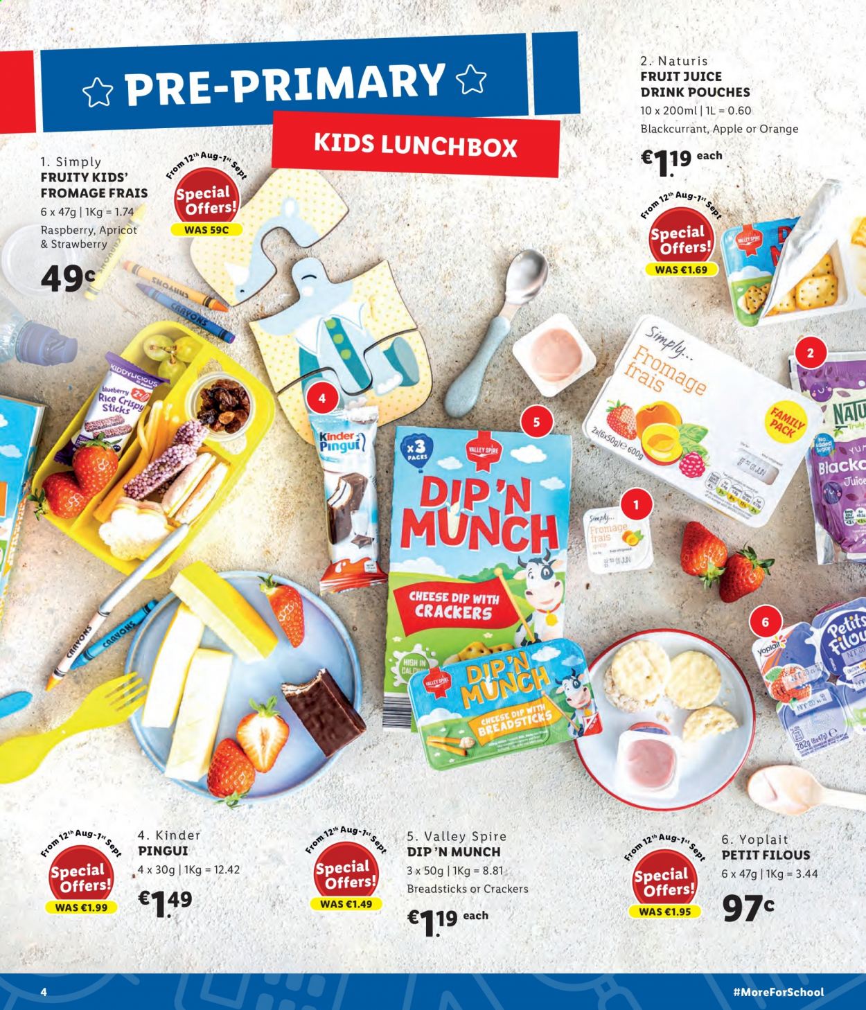 thumbnail - Lidl offer  - Sales products - oranges, cheese, Petits Filous, Yoplait, crackers, bread sticks, juice, fruit juice, TRULY, meal box. Page 4.