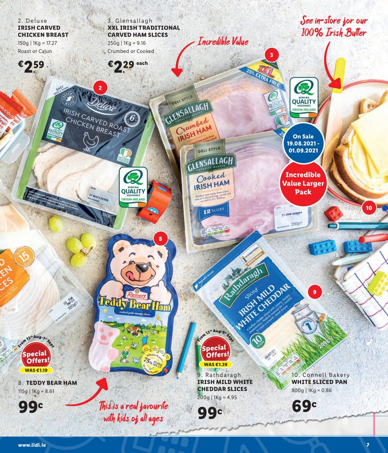 thumbnail - Lidl offer  - Sales products - cooked ham, ham, sausage, pork sausage, sausage slices, cheddar, cheese, chicken breasts, pan, succulent. Page 7.