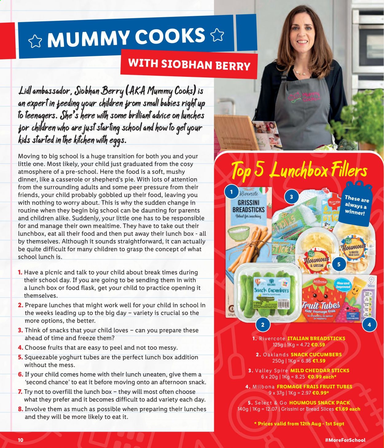 thumbnail - Lidl offer  - Sales products - bread, pie, cucumber, houmous, mild cheddar, cheddar, yoghurt, eggs, bread sticks, grissini, casserole, meal box, food flask. Page 10.