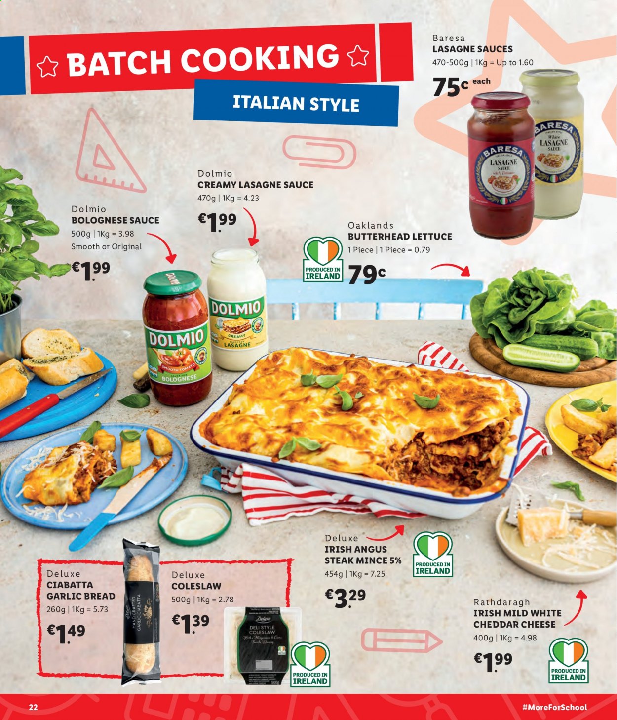 thumbnail - Lidl offer  - Sales products - bread, ciabatta, lettuce, coleslaw, bolognese sauce, lasagna meal, cheddar, cheese, steak. Page 22.