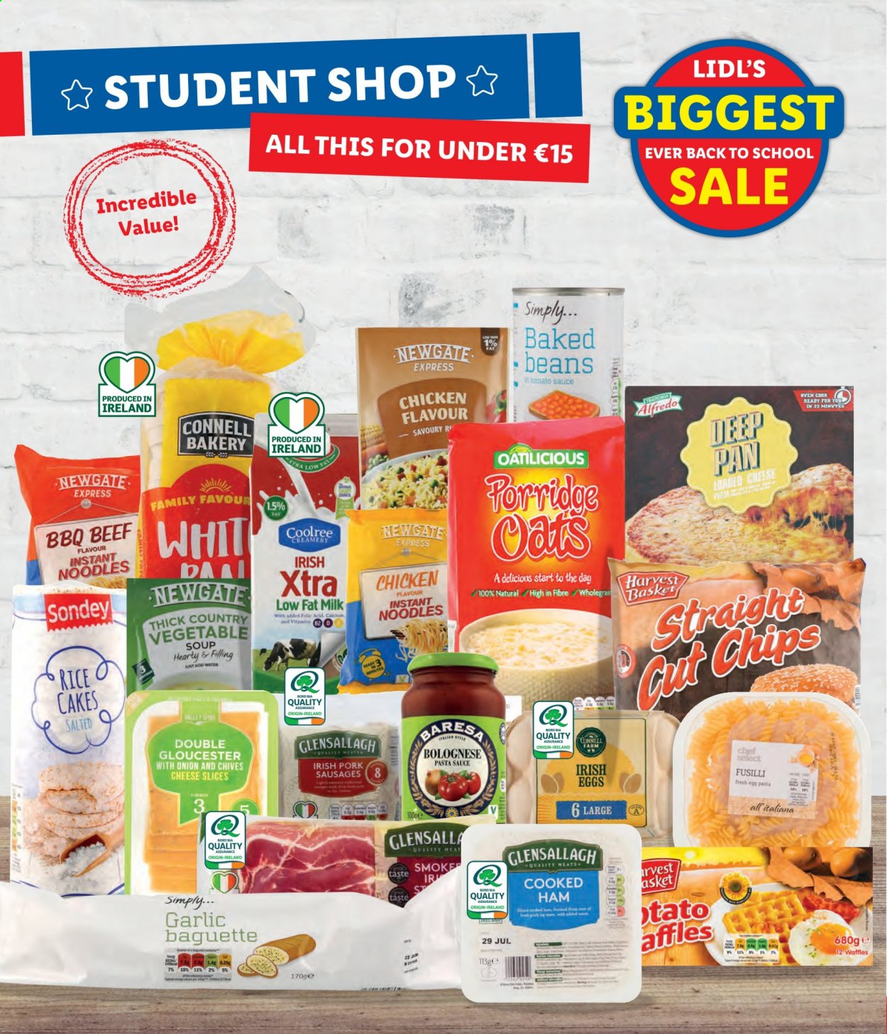 thumbnail - Lidl offer  - Sales products - baguette, cake, waffles, beans, garlic, chives, vegetable soup, pasta sauce, soup, instant noodles, sauce, noodles, sausage, sliced cheese, cheese, milk, chips, baked beans, XTRA, basket, pan. Page 24.