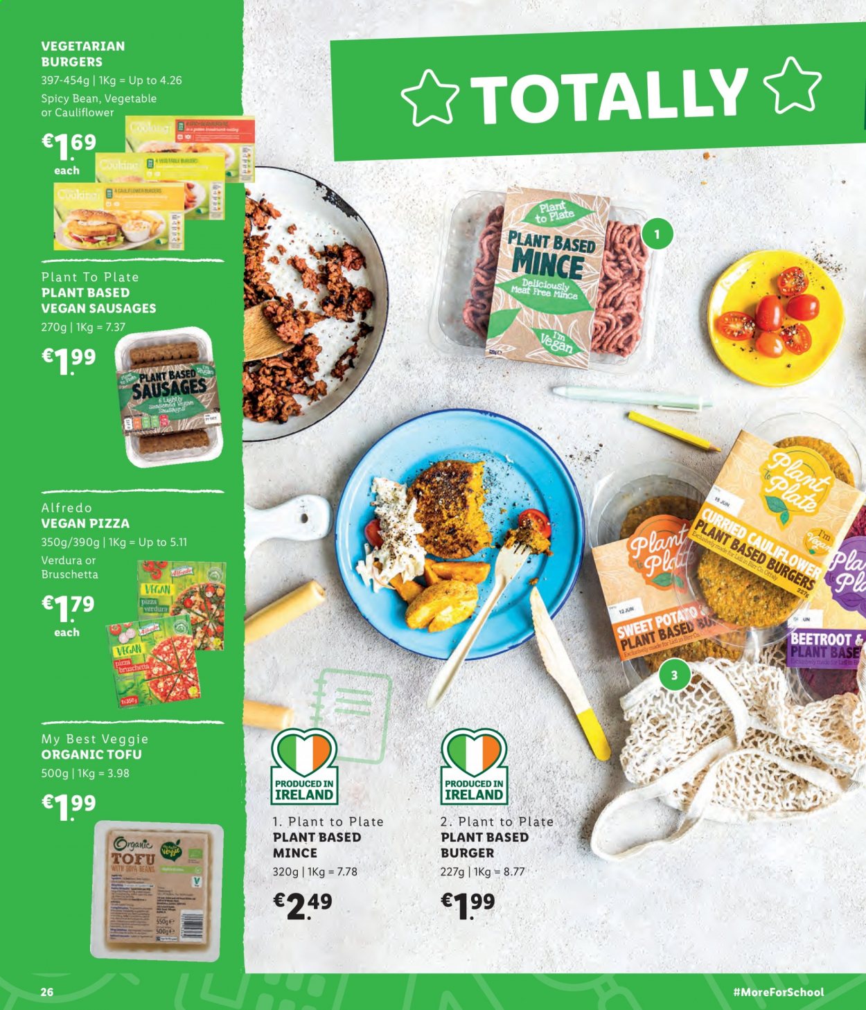 thumbnail - Lidl offer  - Sales products - beans, sweet potato, beetroot, pizza, hamburger, bruschetta, sausage, tofu. Page 26.