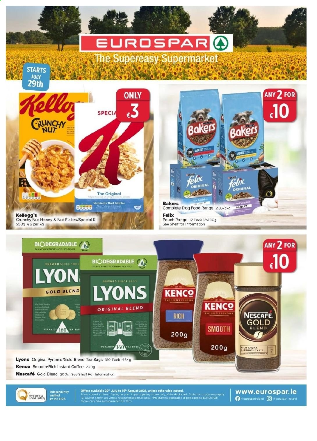 EUROSPAR offer  - 29.7.2021 - 18.8.2021 - Sales products - Kellogg's, honey, tea bags, Lyons, instant coffee, Nescafé, animal food, dog food, Felix, Bakers. Page 1.