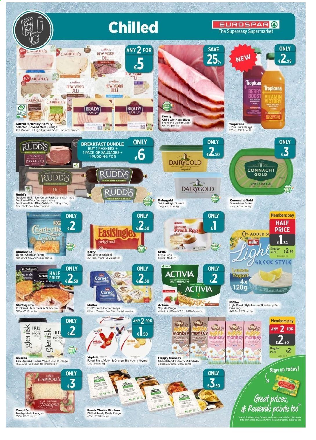 EUROSPAR offer  - 29.7.2021 - 18.8.2021 - Sales products - fish, Fresh Choice Kitchen, ham, rashers, sausage, cheddar, cheese, pudding, yoghurt, Müller, Activia, shakes, eggs, chocolate, juice, Boost. Page 5.