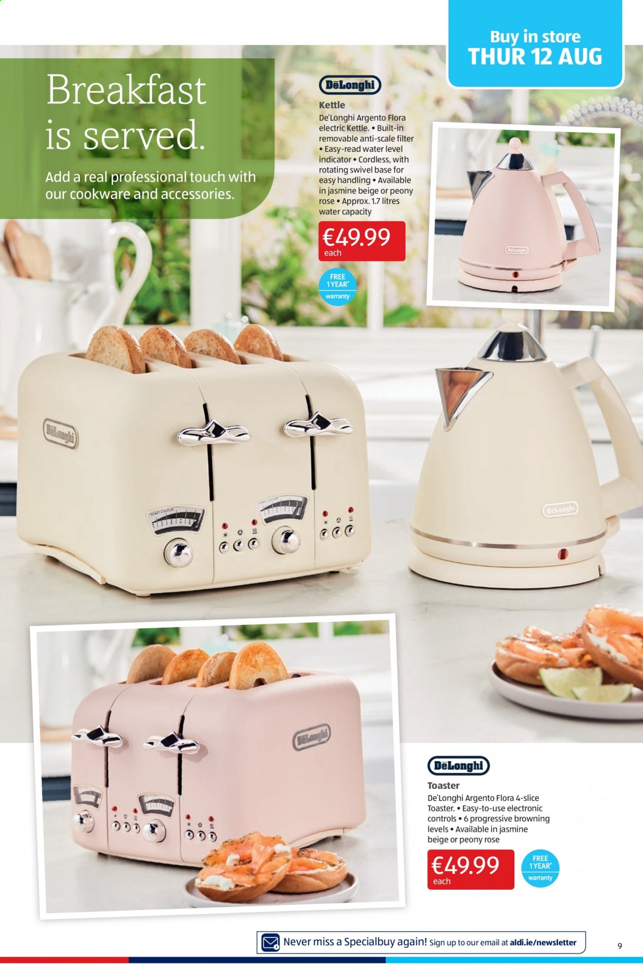 thumbnail - Aldi offer  - 12.08.2021 - 18.08.2021 - Sales products - Flora, rosé wine, cookware set, scale, rose, Browning. Page 9.