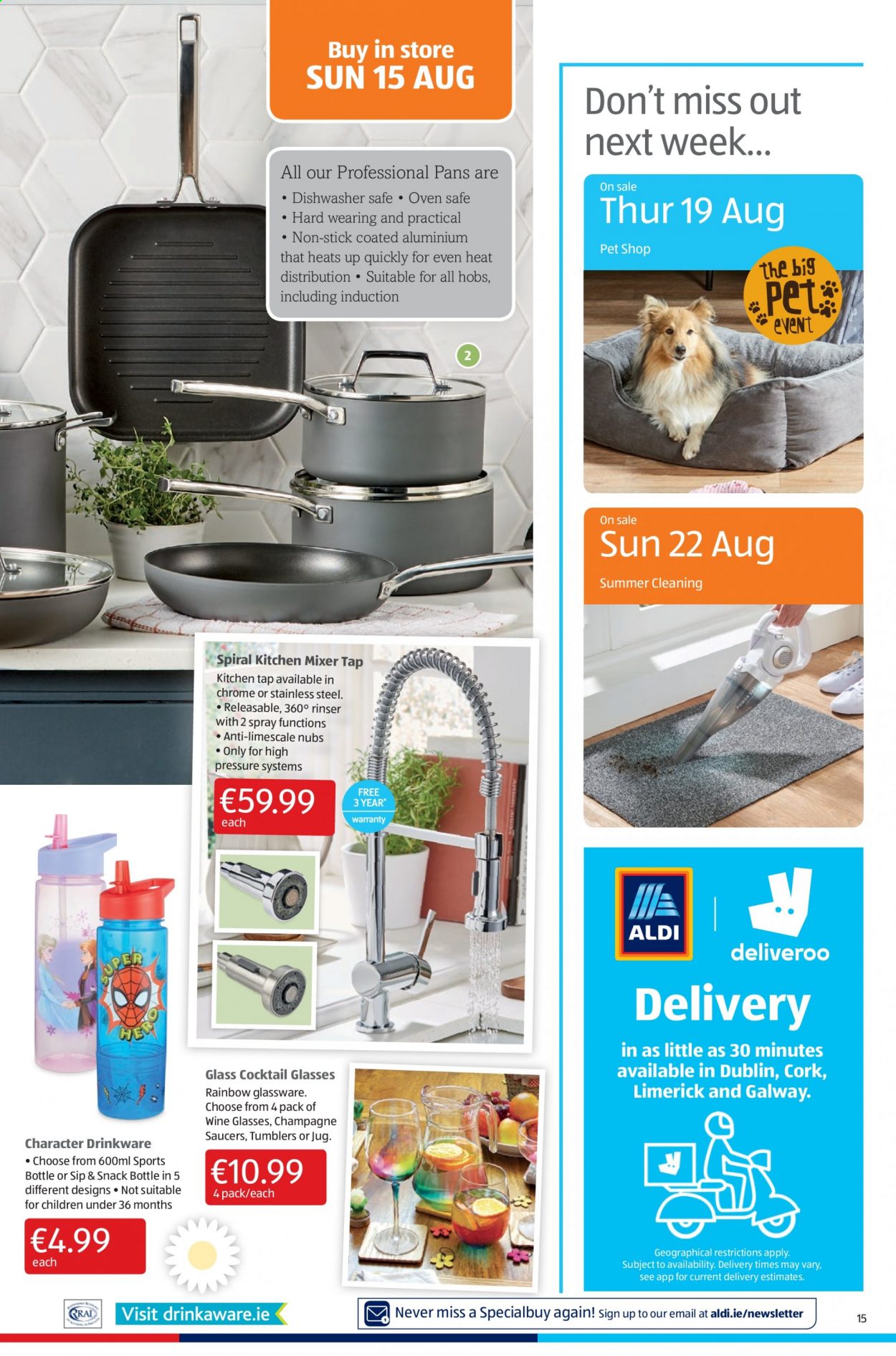 thumbnail - Aldi offer  - 12.08.2021 - 18.08.2021 - Sales products - snack, champagne, wine, drinkware, glassware set, tumbler, wine glass, travel bottle. Page 15.
