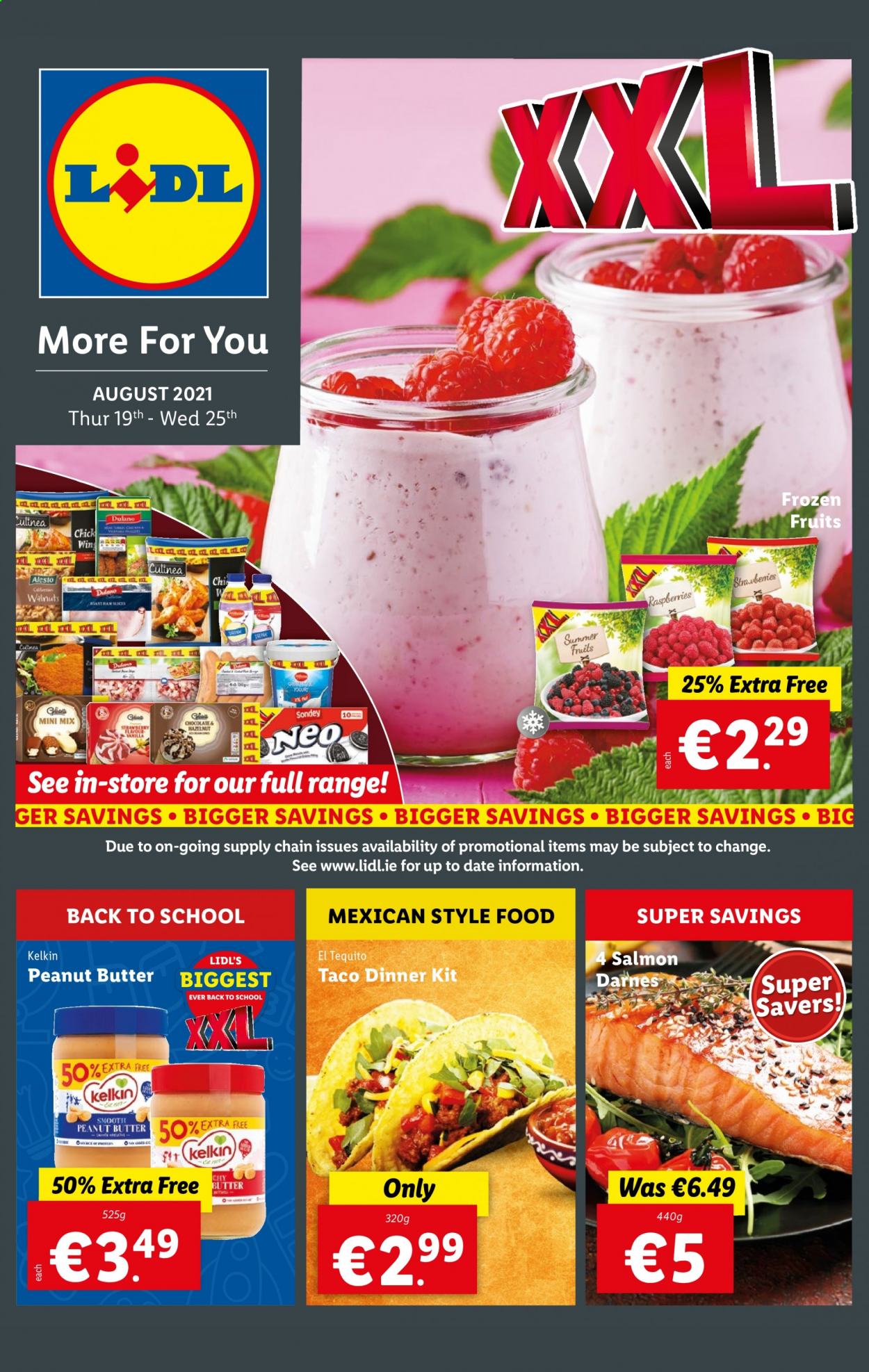 thumbnail - Lidl offer  - 19.08.2021 - 25.08.2021 - Sales products - salmon, dinner kit, chocolate, walnuts. Page 1.