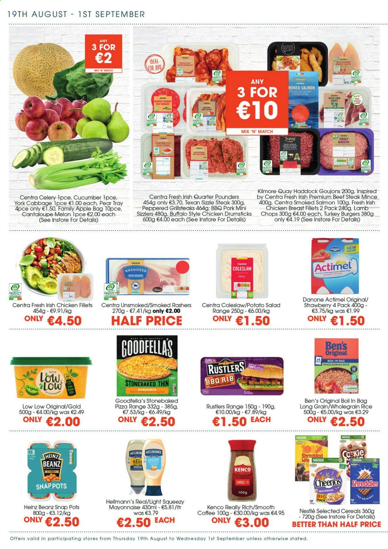 thumbnail - Centra offer  - 19.08.2021 - 01.09.2021 - Sales products - cabbage, cantaloupe, pears, melons, salmon, smoked salmon, haddock, coleslaw, pizza, hamburger, beef burger, potato salad, Danone, Actimel, Hellmann’s, Nestlé, Heinz, cereals, Cheerios, rice, whole grain rice, coffee, chicken breasts, chicken drumsticks, beef meat, beef steak, steak, turkey burger, lamb chops, lamb meat, tray. Page 2.