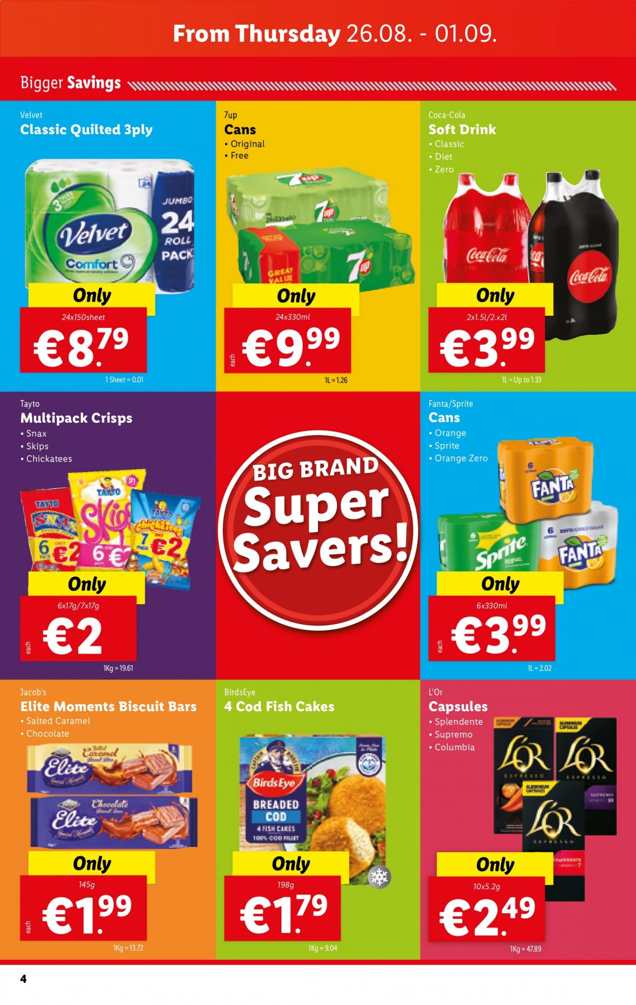 thumbnail - Lidl offer  - 26.08.2021 - 01.09.2021 - Sales products - oranges, cod, fish, Bird's Eye, fish cake, chocolate, biscuit, Tayto, Coca-Cola, Sprite, Fanta, soft drink, 7UP, L'Or, Moments. Page 4.