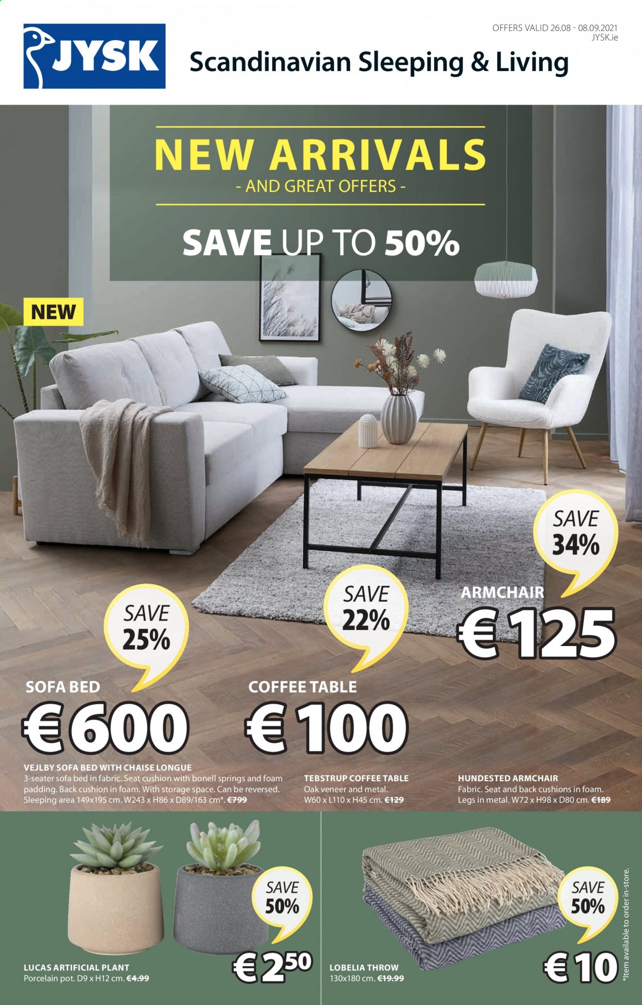 thumbnail - JYSK offer  - 26.08.2021 - 08.09.2021 - Sales products - table, arm chair, sofa, sofa bed, chaise longue, coffee table, bed, cushion, artificial plant, pot, wool throw. Page 1.