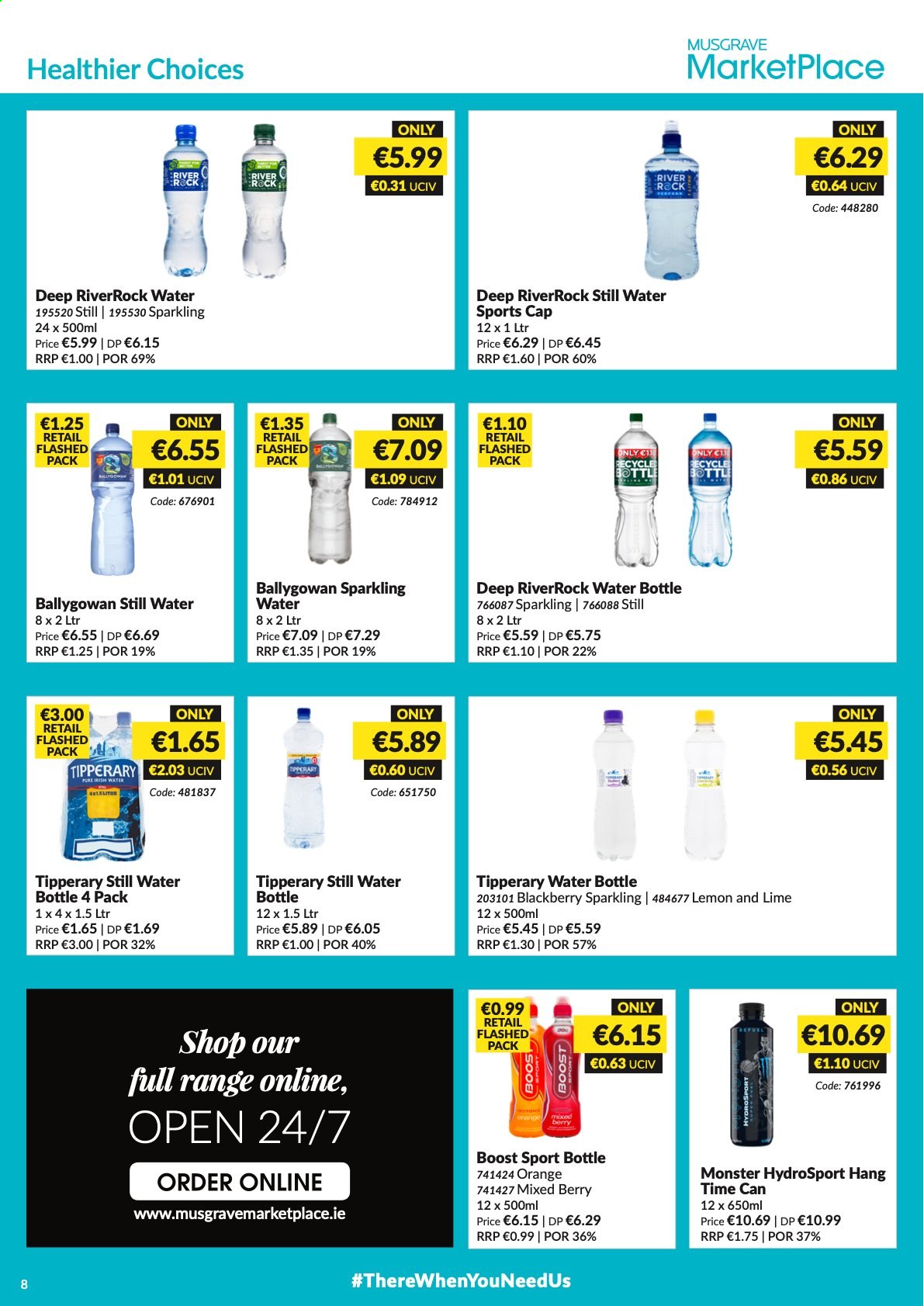 thumbnail - MUSGRAVE Market Place offer  - 29.08.2021 - 25.09.2021 - Sales products - oranges, Monster, Ballygowan, mineral water, sparkling water, bottled water, Boost, drink bottle, travel bottle. Page 8.