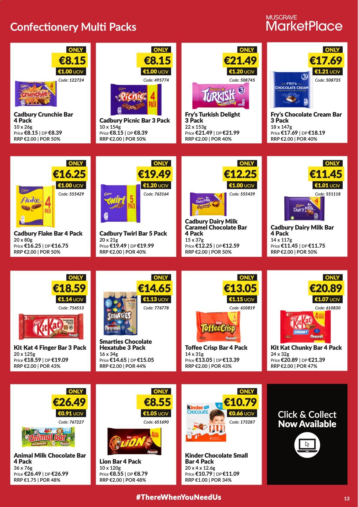 thumbnail - MUSGRAVE Market Place offer  - 29.08.2021 - 25.09.2021 - Sales products - milk chocolate, Smarties, KitKat, toffee, Cadbury, Dairy Milk, chocolate bar, caramel. Page 13.
